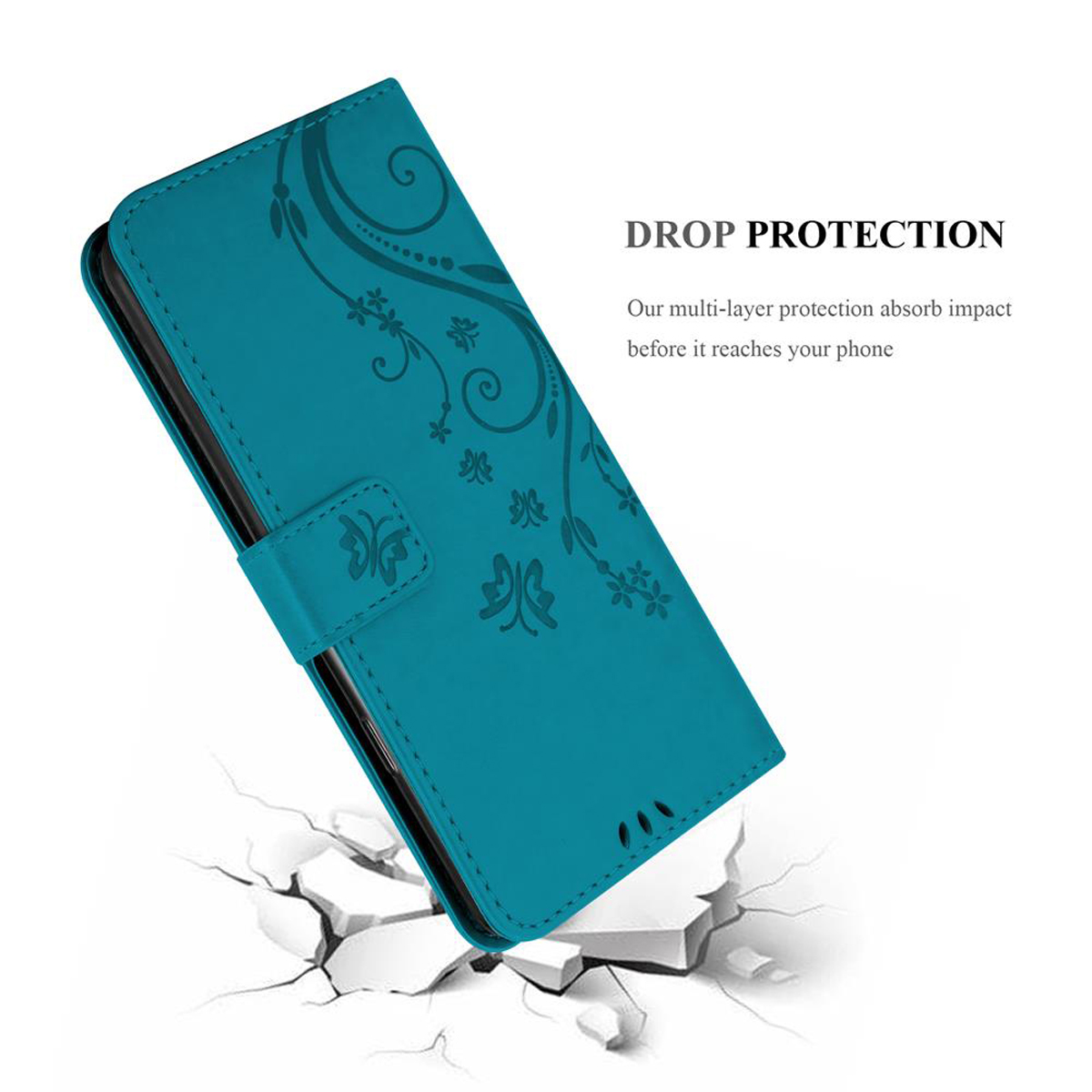 Custodia del telefono verde acqua, chiusa. Design floreale sul davanti con cinturino. Design a crepe sotto.