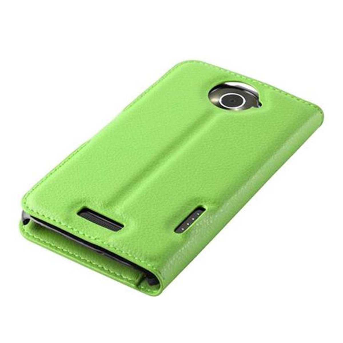 Custodia verde per telefono. Il telefono ha un foro per la fotocamera. La custodia sembra essere in pelle.