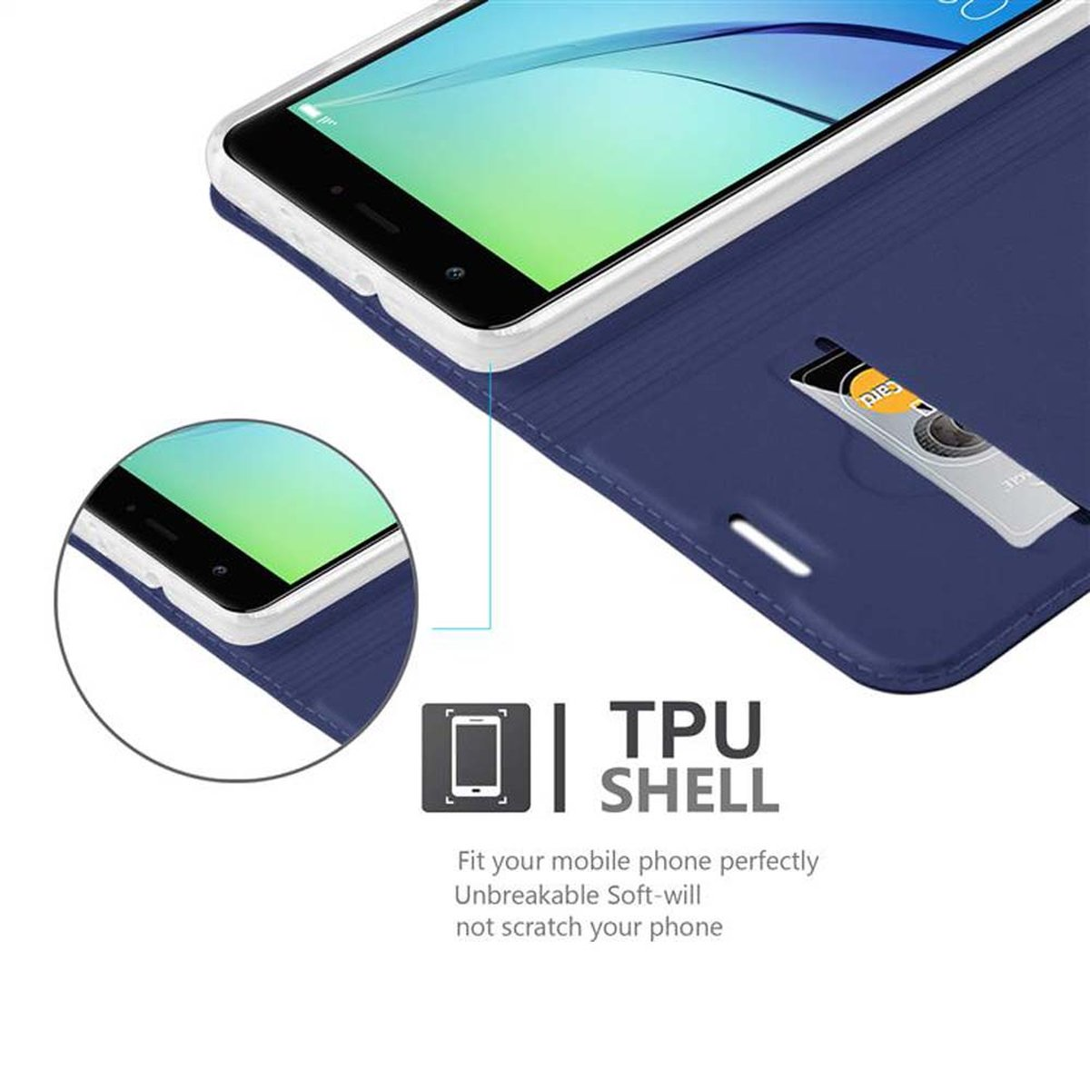 Custodia per telefono blu scuro con telefono. Scheda SIM visibile. Testo: TPU SHELL. Sfondo bianco.