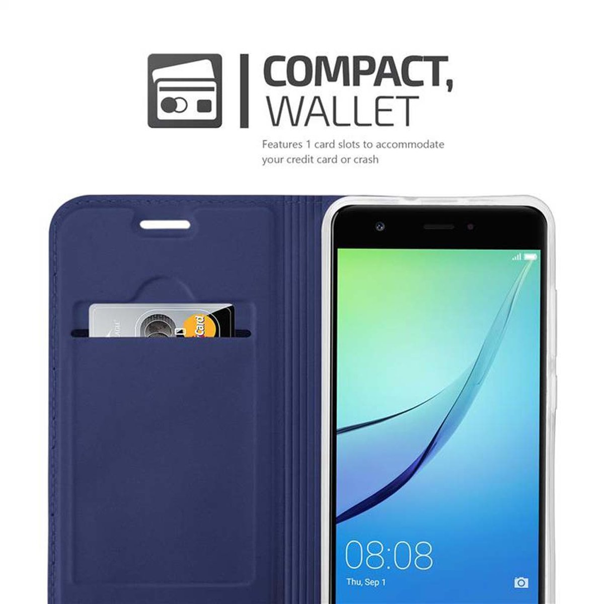 Custodia a portafoglio blu con telefono che mostra l'ora. Slot per carte con una carta all'interno.