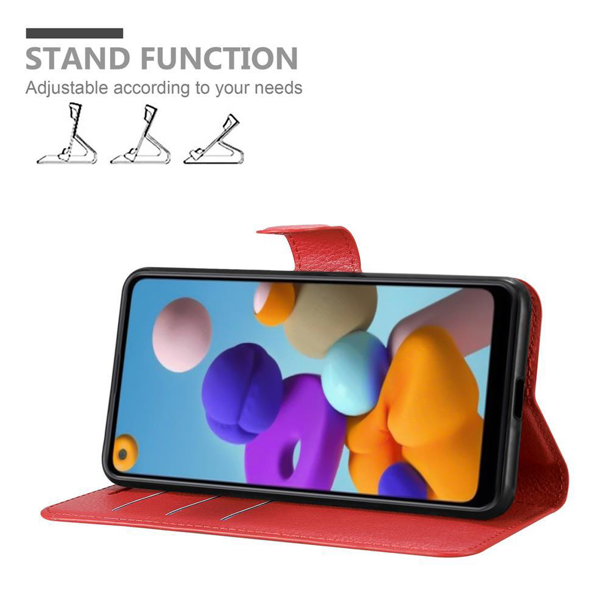 Un telefono in una custodia rossa, aperto per mostrare lo schermo. Funzione stand con tre illustrazioni.