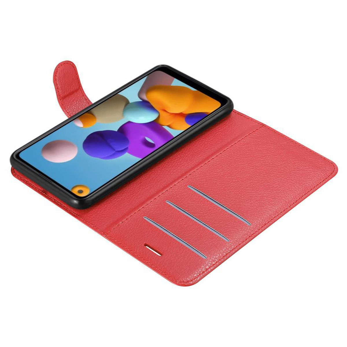 Custodia rossa per telefono, aperta, con un telefono all'interno. La custodia ha fessure per carte.