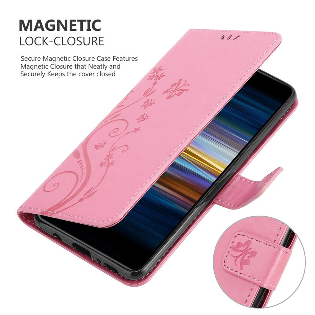 Custodia rosa per telefono aperta per rivelare un telefono, con un design di chiusura magnetica.