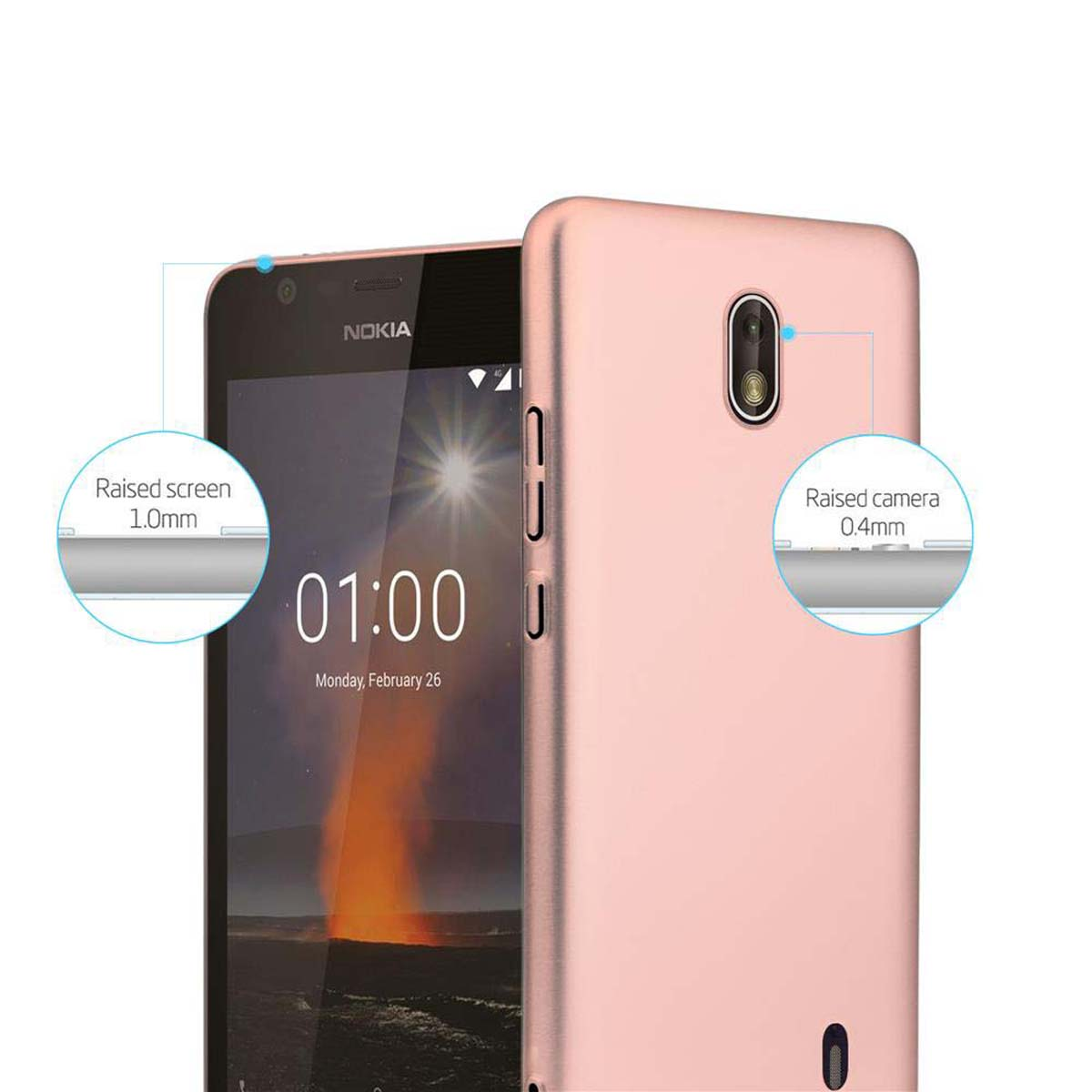 Telefono e custodia oro rosa, che mostrano lo schermo e il design della custodia con etichette testuali.