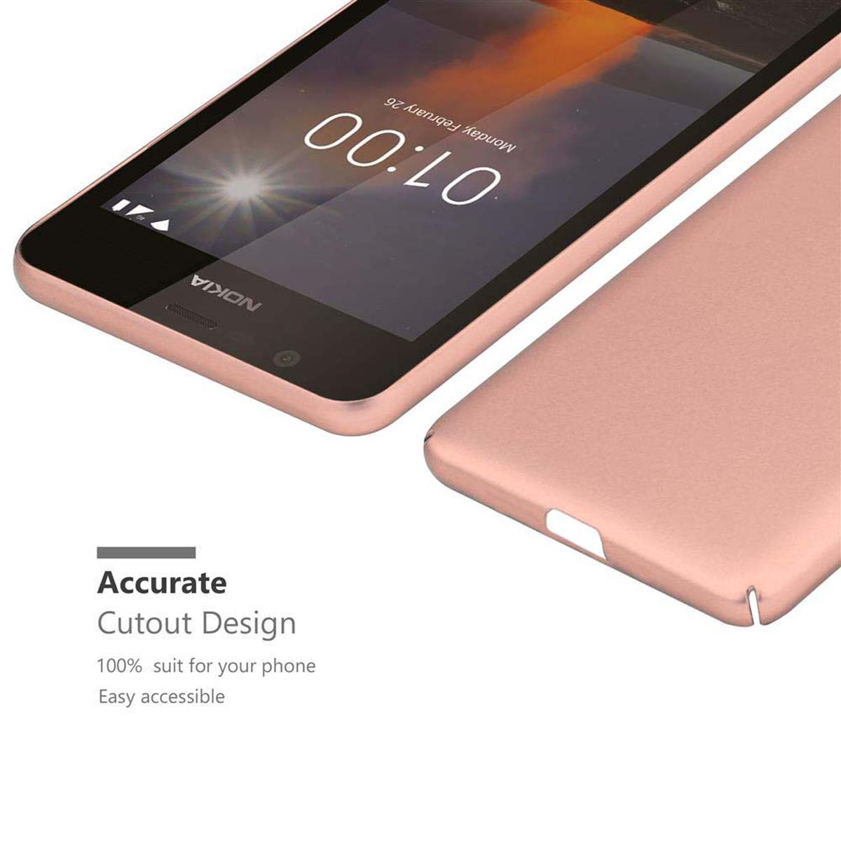 Telefono rosa e custodia rosa, che mostra l'angolo inferiore del telefono.