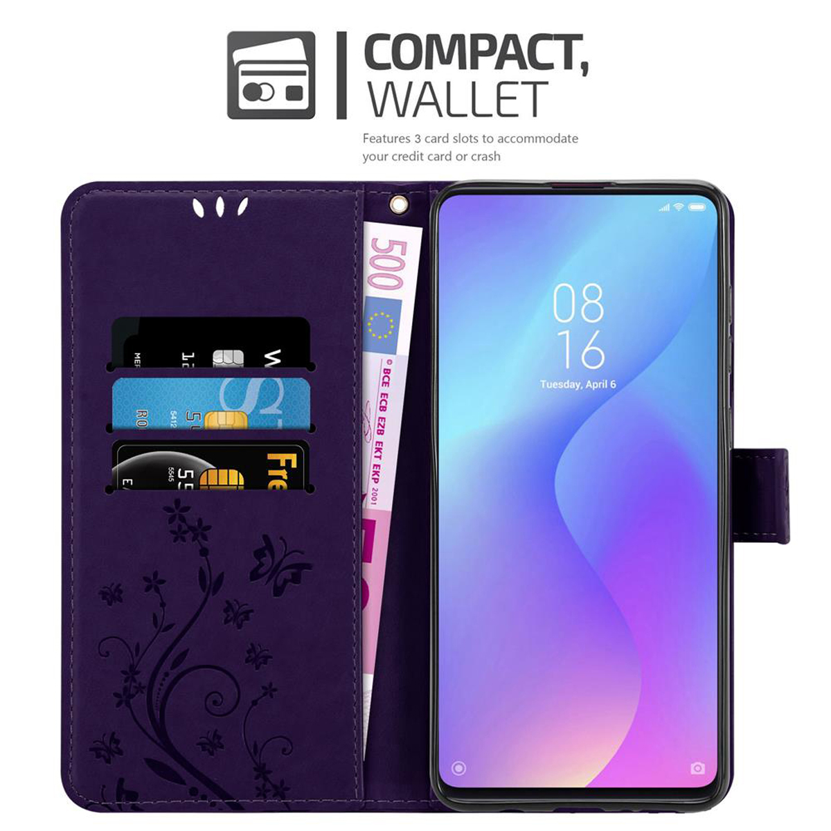 Custodia viola per telefono con telefono all'interno. Carte e denaro negli slot. Testo: 'Compact, Wallet'.