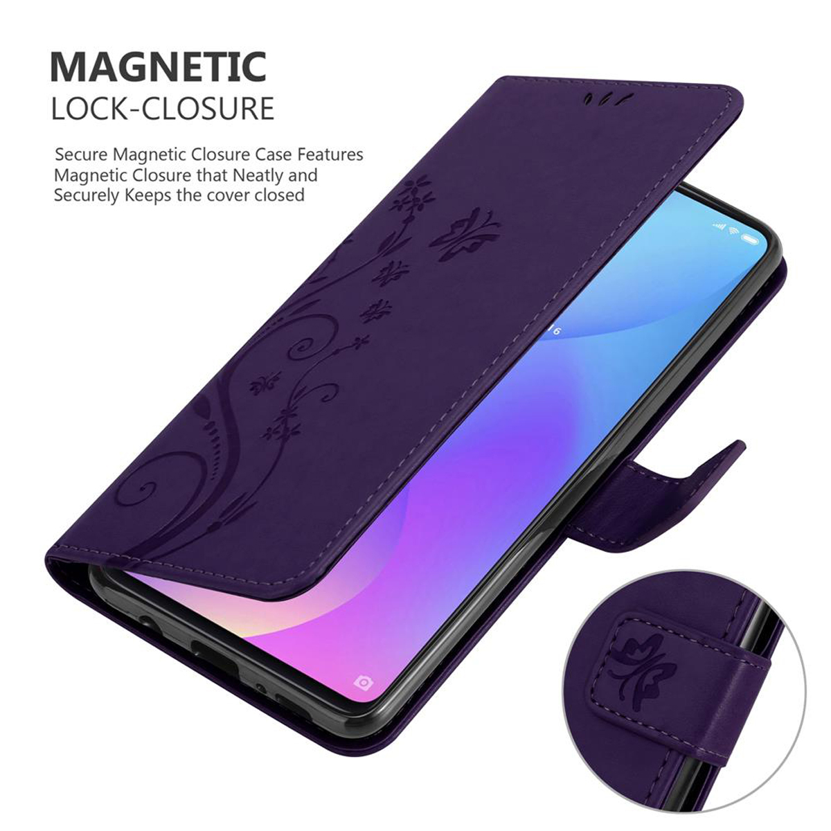 Custodia viola aperta, con telefono dentro. Design floreale e chiusura magnetica visibili.