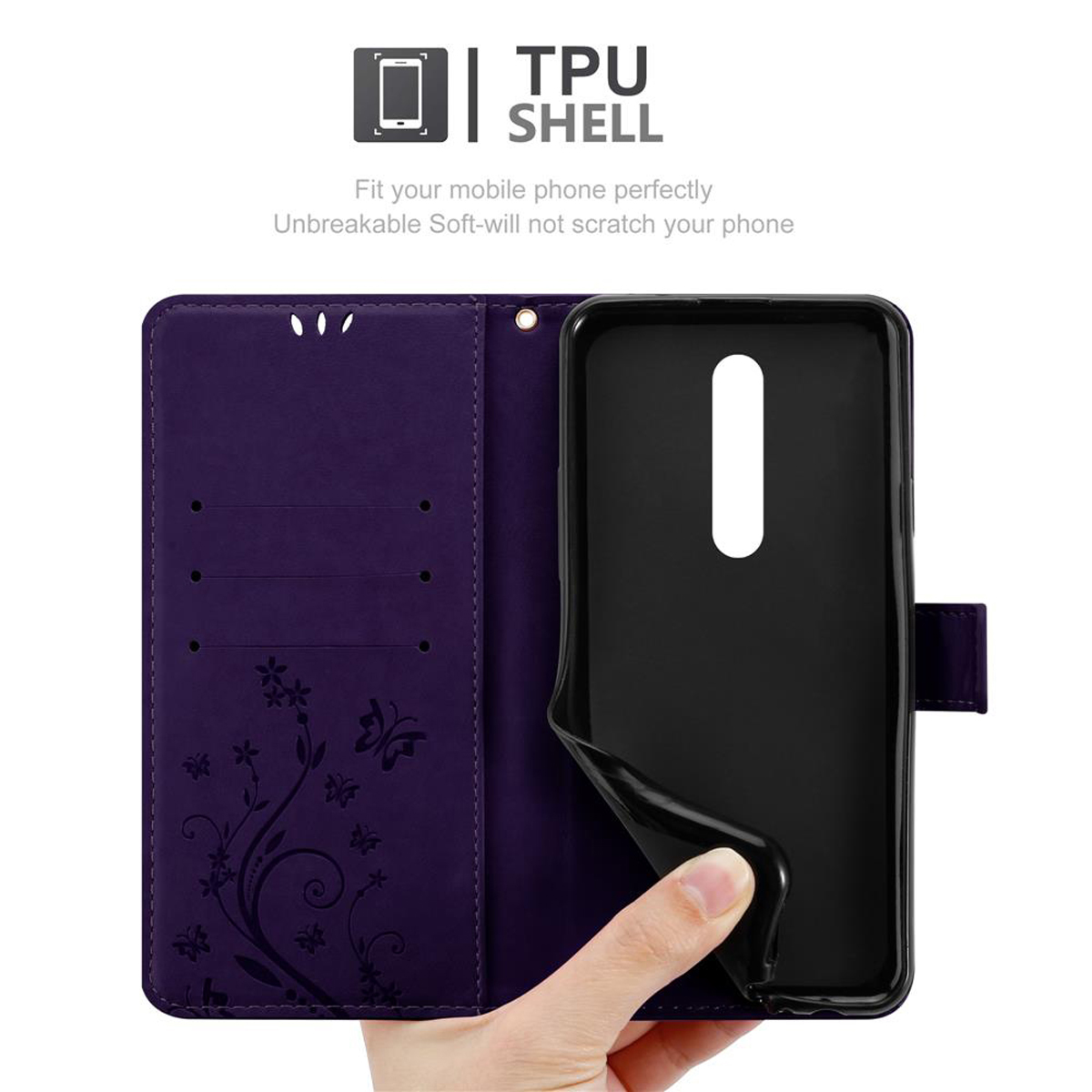 Una mano che tiene un telefono nero all'interno di una custodia viola con un design floreale, che mostra il testo della scocca in TPU su bianco.