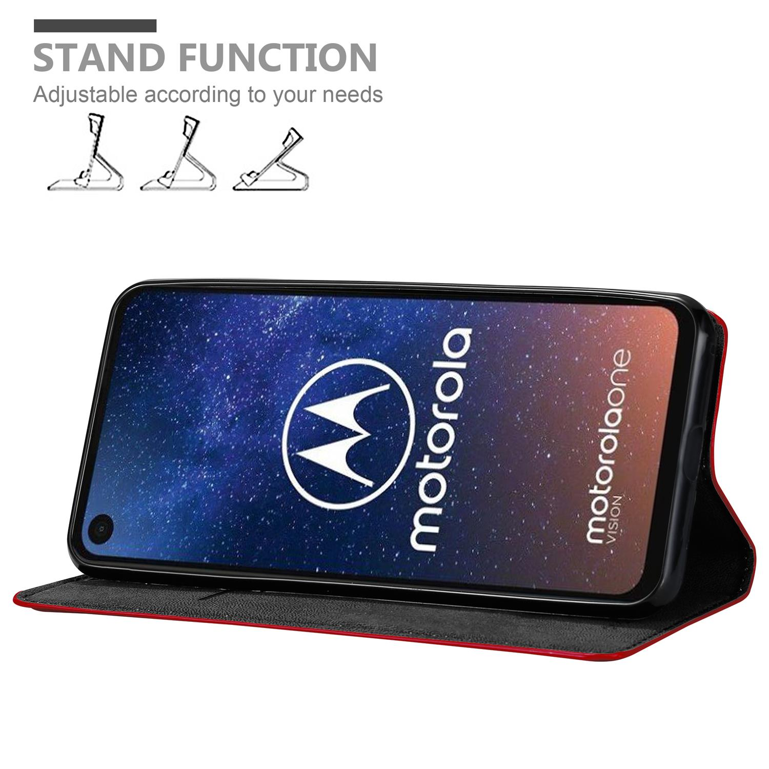 Ein schwarzes Motorola-Telefon in einem roten Gehäuse, hochgestellt. Der Bildschirm zeigt ein Galaxienbild.