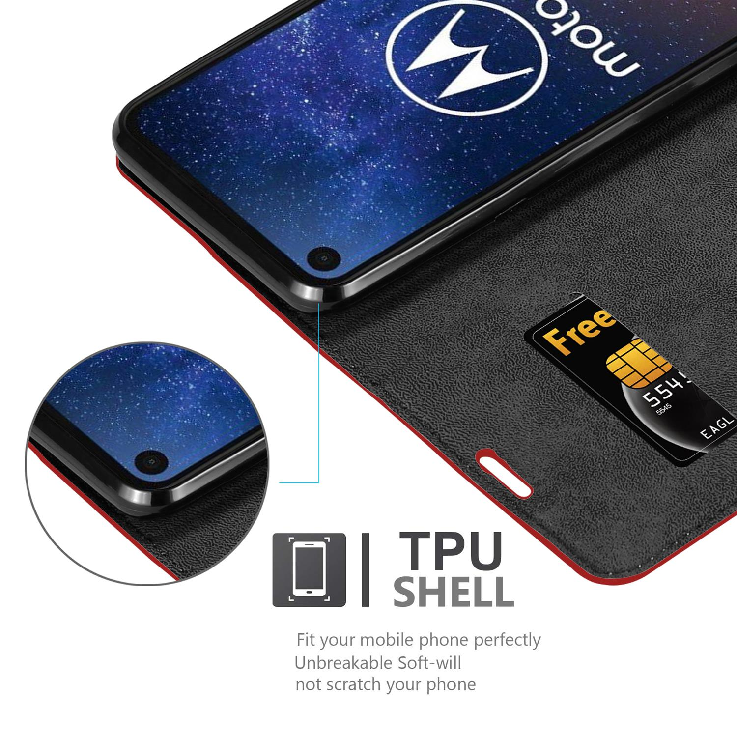 Schwarzes Telefon in einer Hülle mit rotem Rand. Eine SIM-Karte und der Bildschirm sind sichtbar.