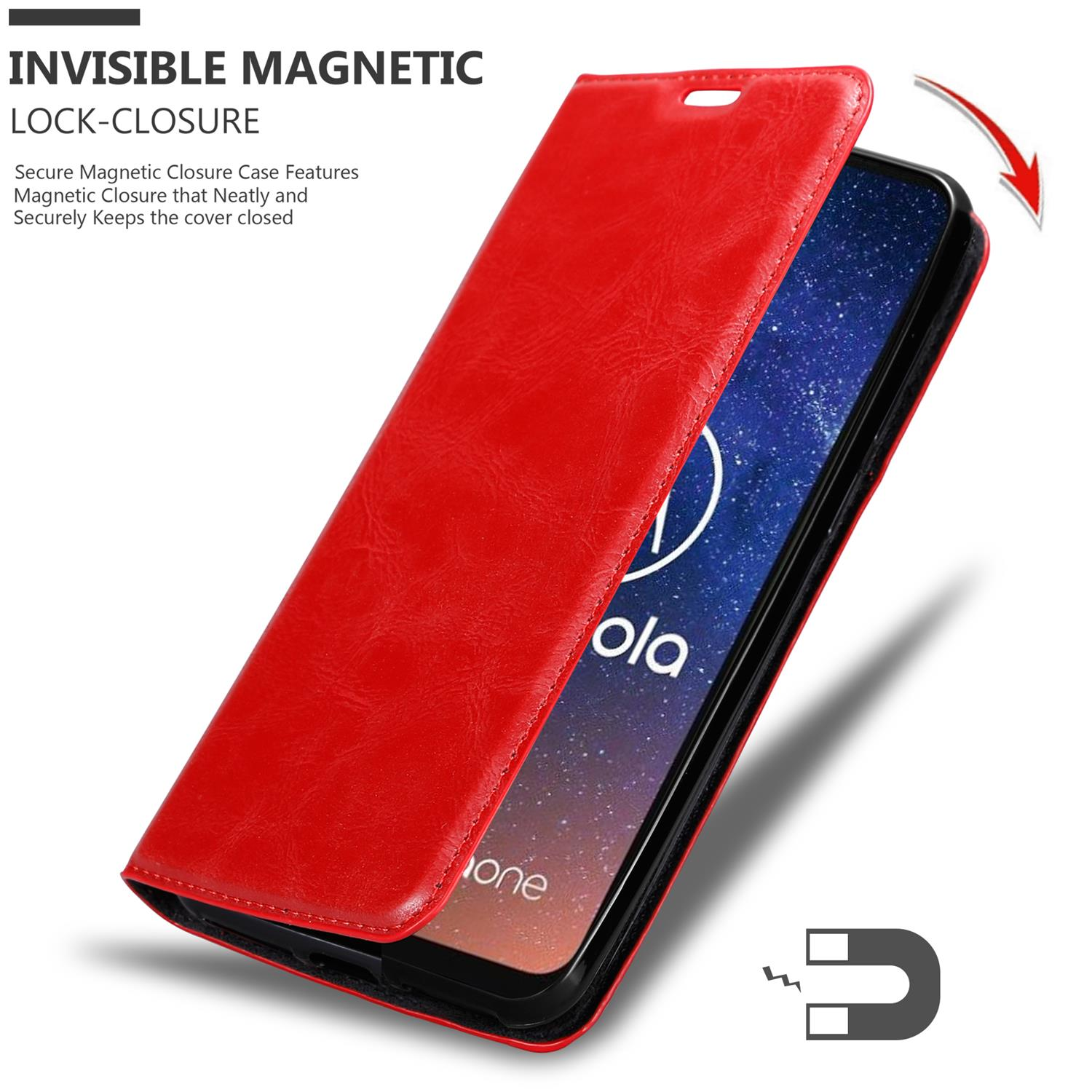 Rote Handyhülle mit schwarzem Telefon. Die Hülle ist offen und ein Magnet ist gezeigt.