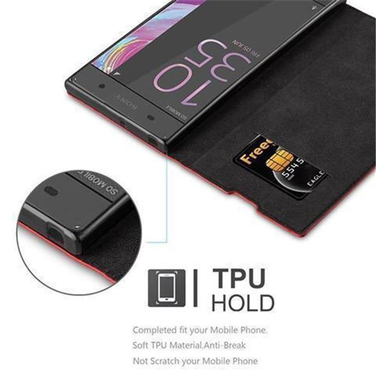 Telefono nero in una custodia nera aperta, una SIM è visibile. L'interno è rosso.