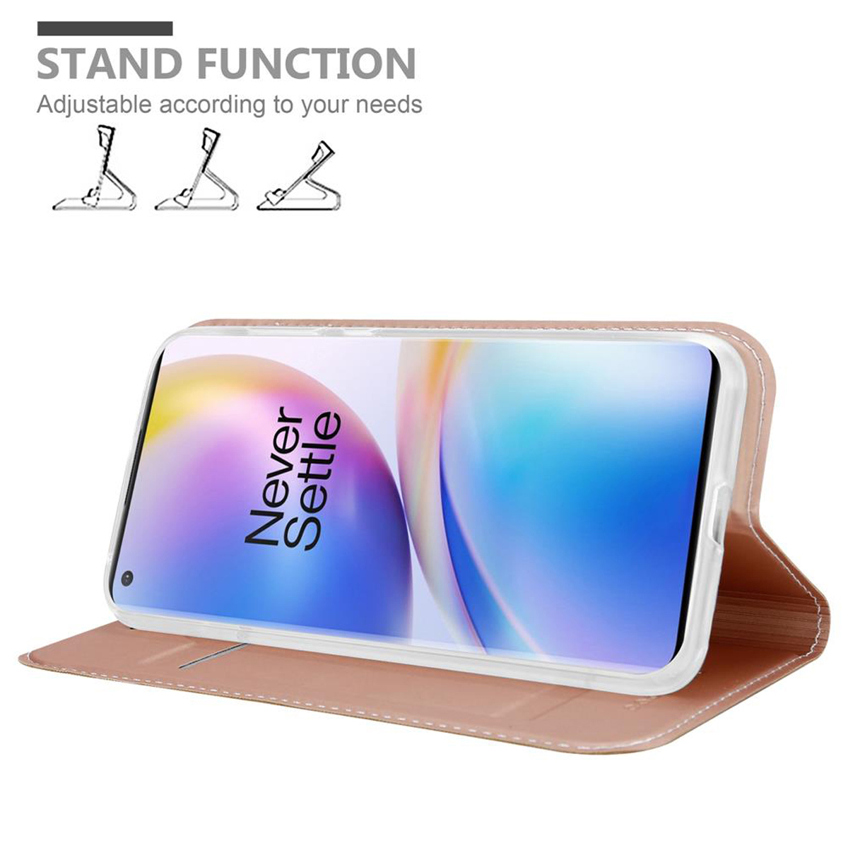 Telefon in rosa Hülle, offen als Ständer. Weißer Hintergrund mit Ständerfunktion-Symbolen.