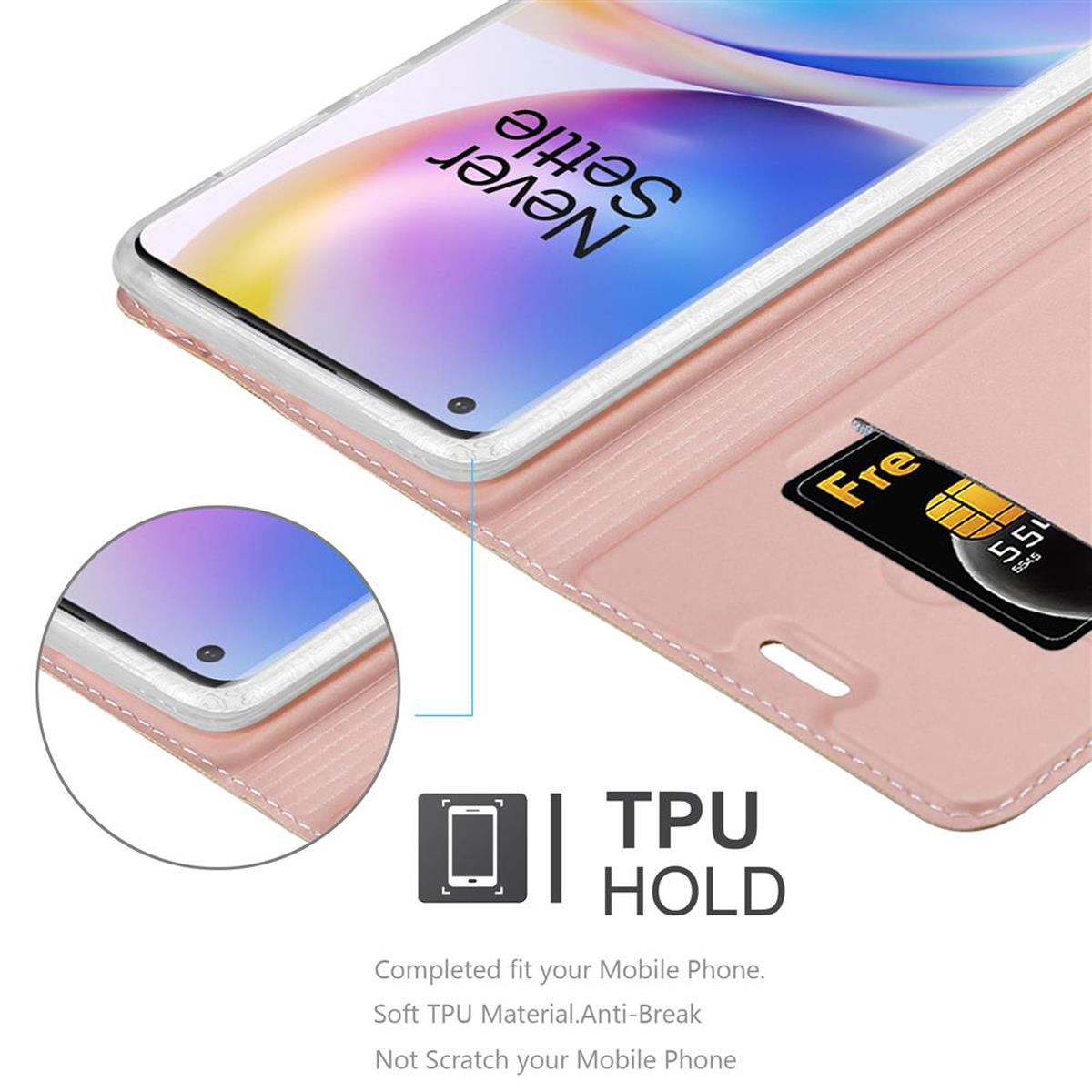Eine rosa Handyhülle mit Karte. Text: 'TPU HOLD'. Das Telefon ist weiß mit schwarzem Bildschirm. Kreisförmiger Zoom.