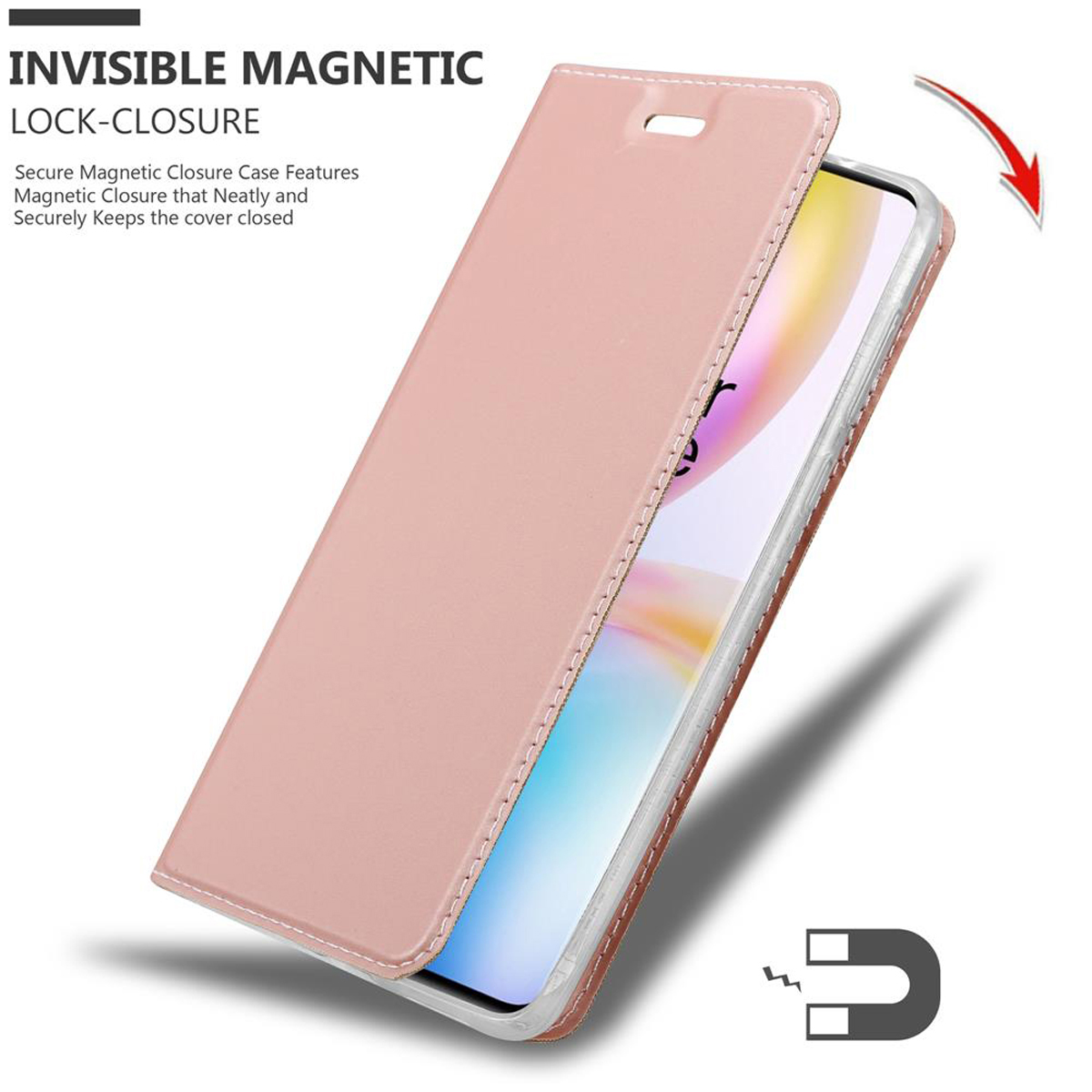 Eine rosa Handyhülle mit einem Telefon im Inneren. Text: INVISIBLE MAGNETIC LOCK-CLOSURE. Die Hülle ist offen.