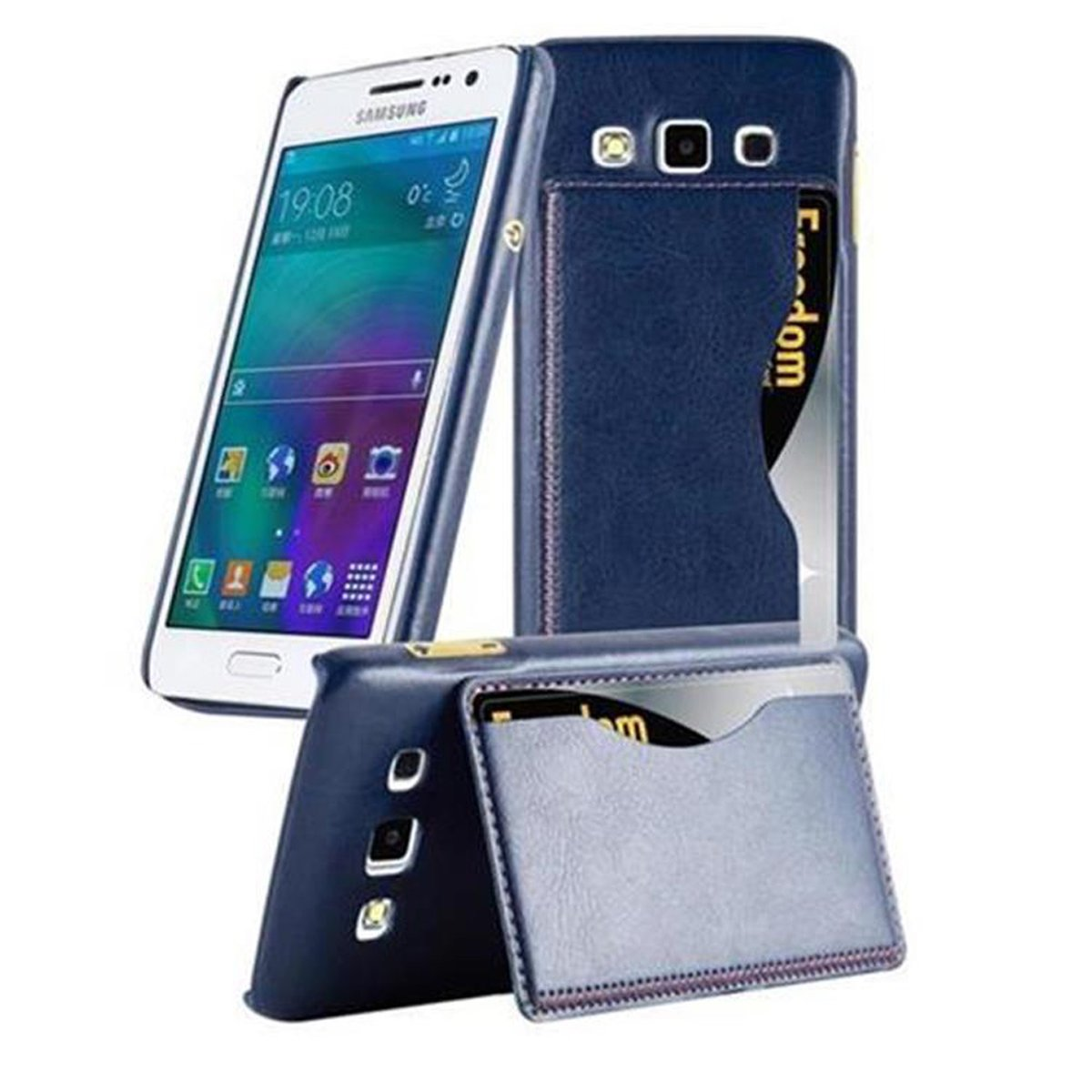 2015, Hard Samsung, Case A3 CADORABO BLAU Backcover, Schutzhülle mit Kunstlederüberzug, Galaxy Hülle