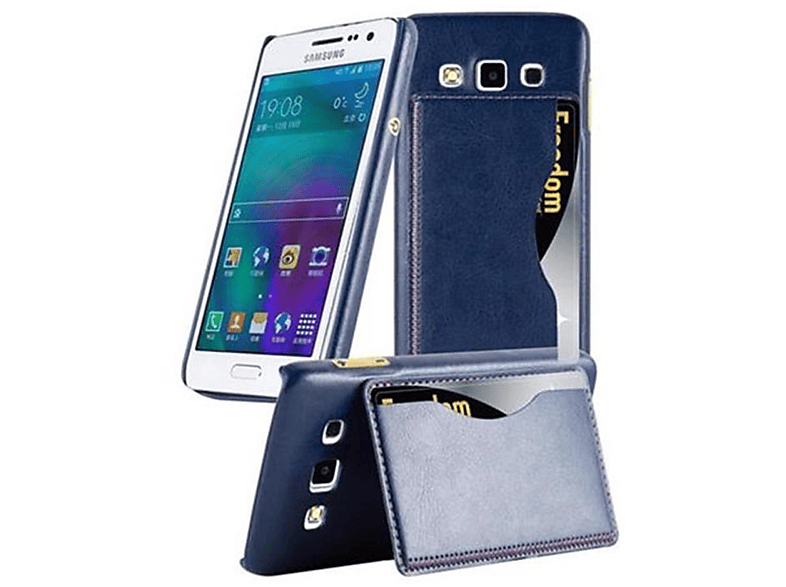 2015, Hard Samsung, Case A3 CADORABO BLAU Backcover, Schutzhülle mit Kunstlederüberzug, Galaxy Hülle
