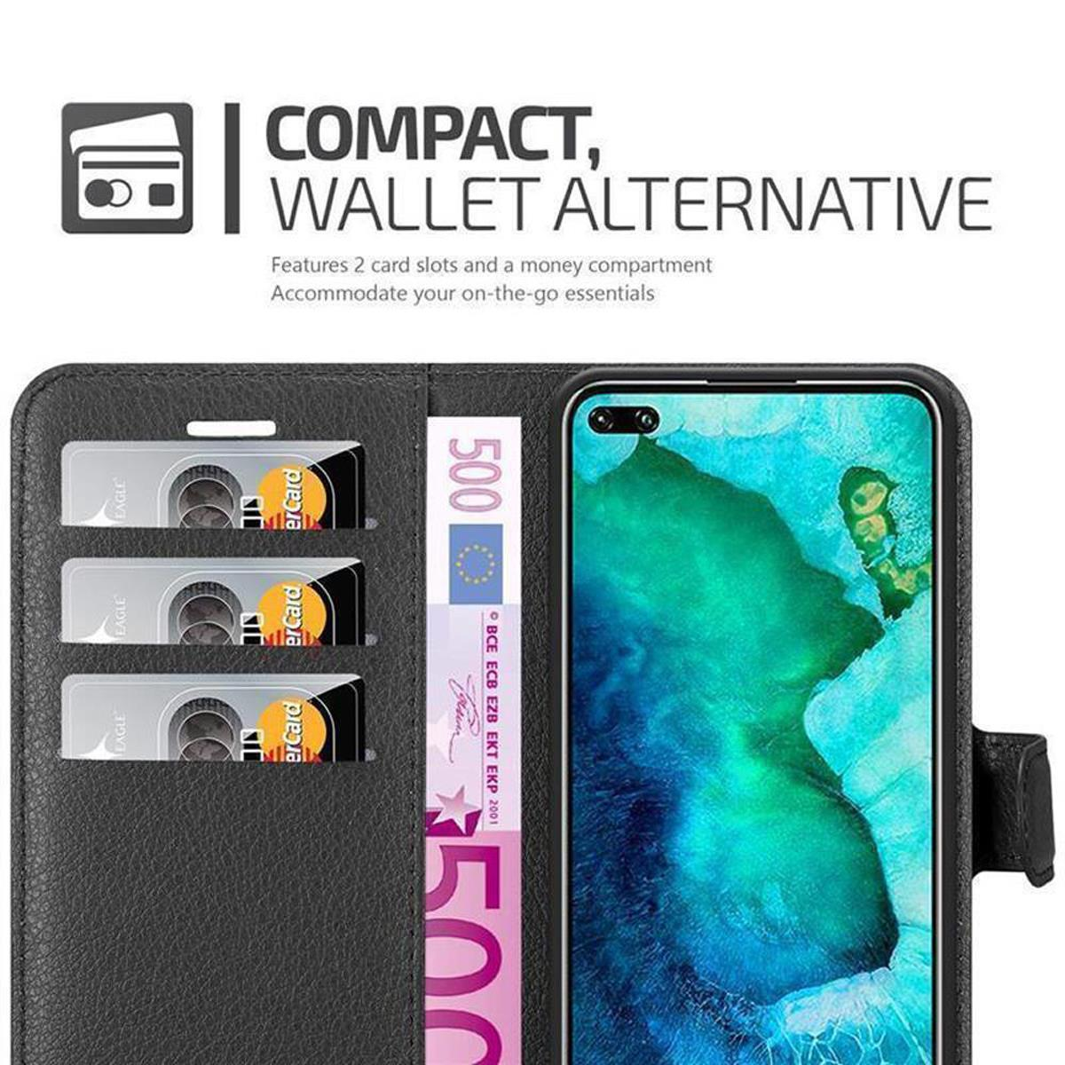Custodia nera per telefono con design a portafoglio. Ha tre slot per carte e un vano per banconote.