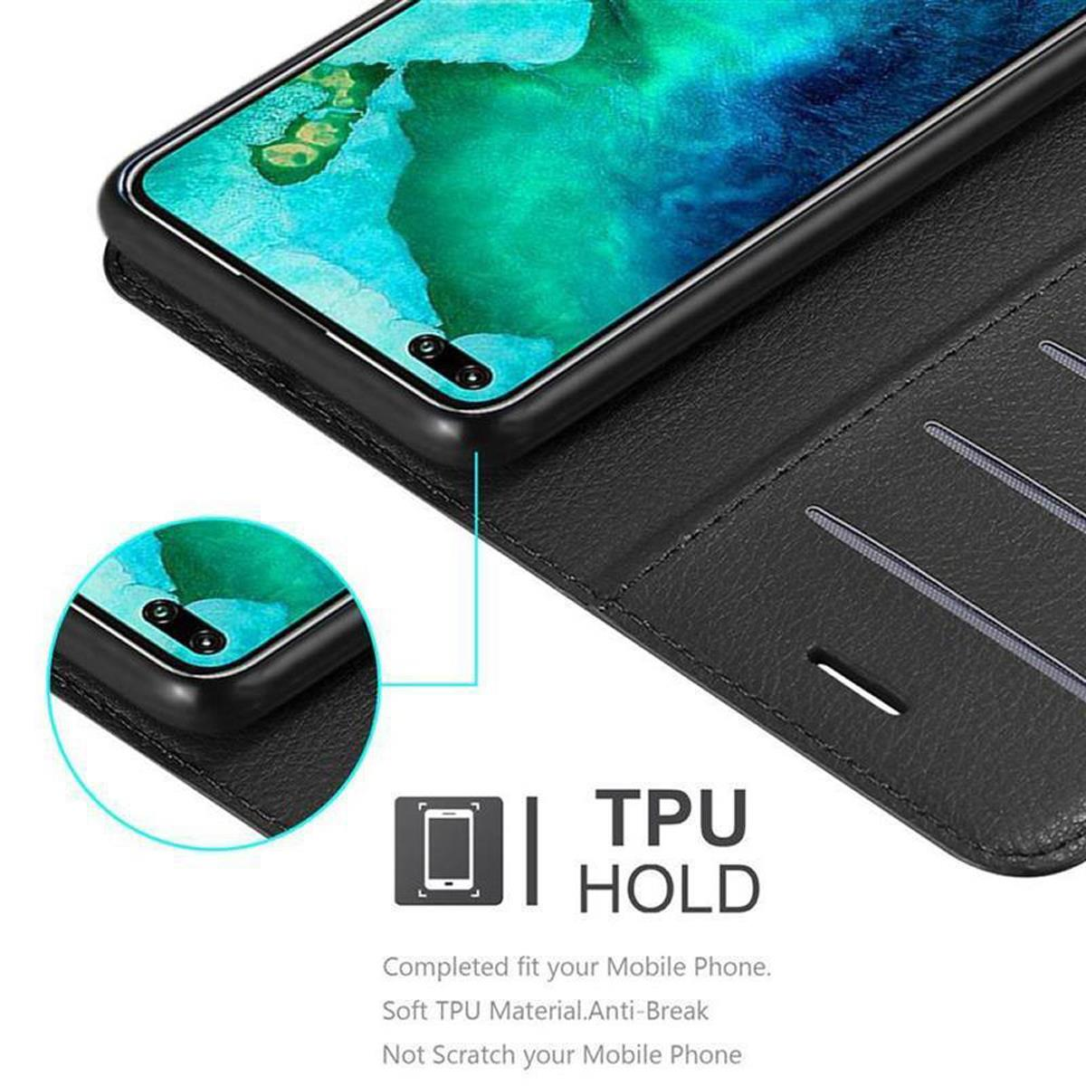 Custodia nera per telefono con telefono all'interno, mostra schermo e logo TPU HOLD.