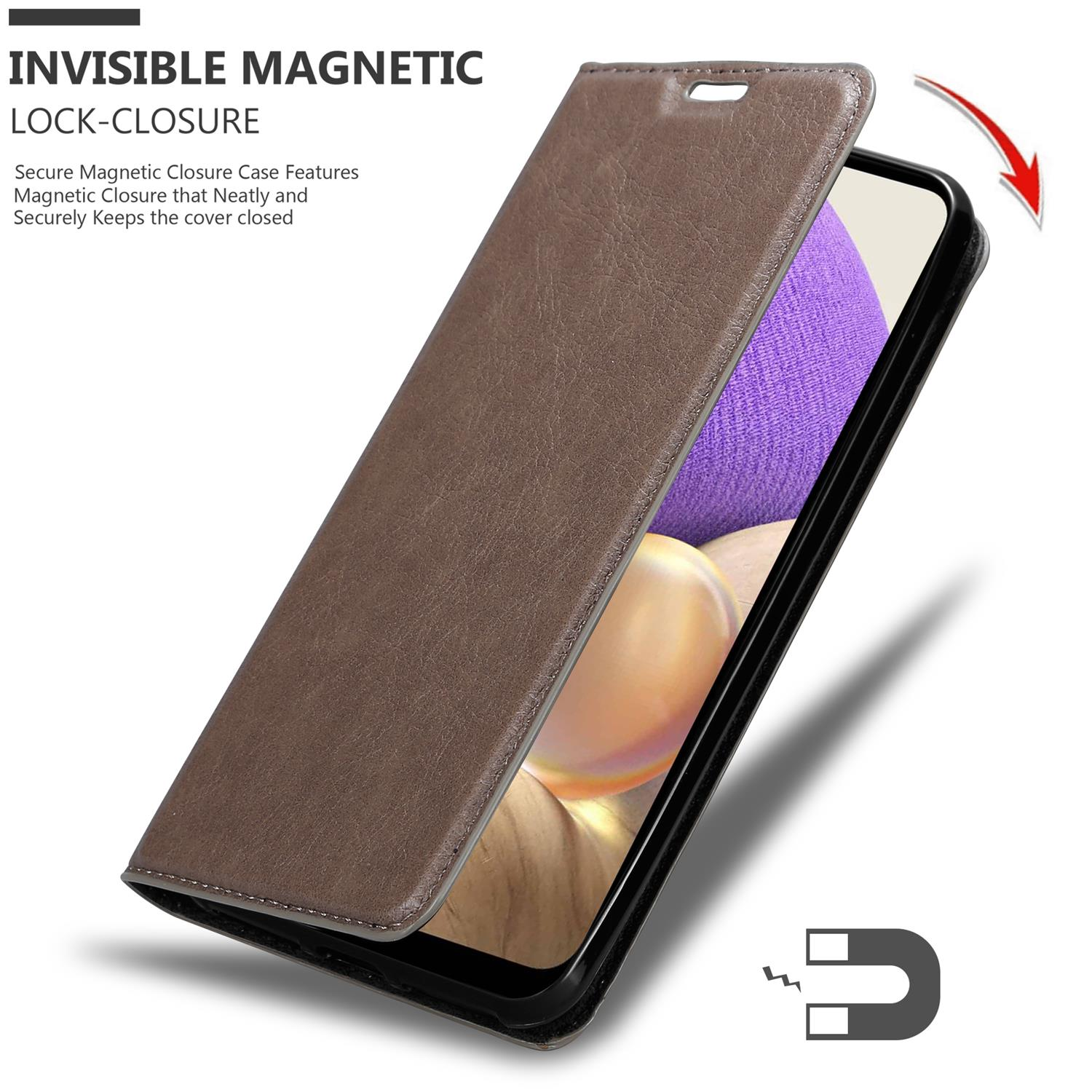 Custodia marrone aperta, con telefono. Chiusura magnetica mostrata.