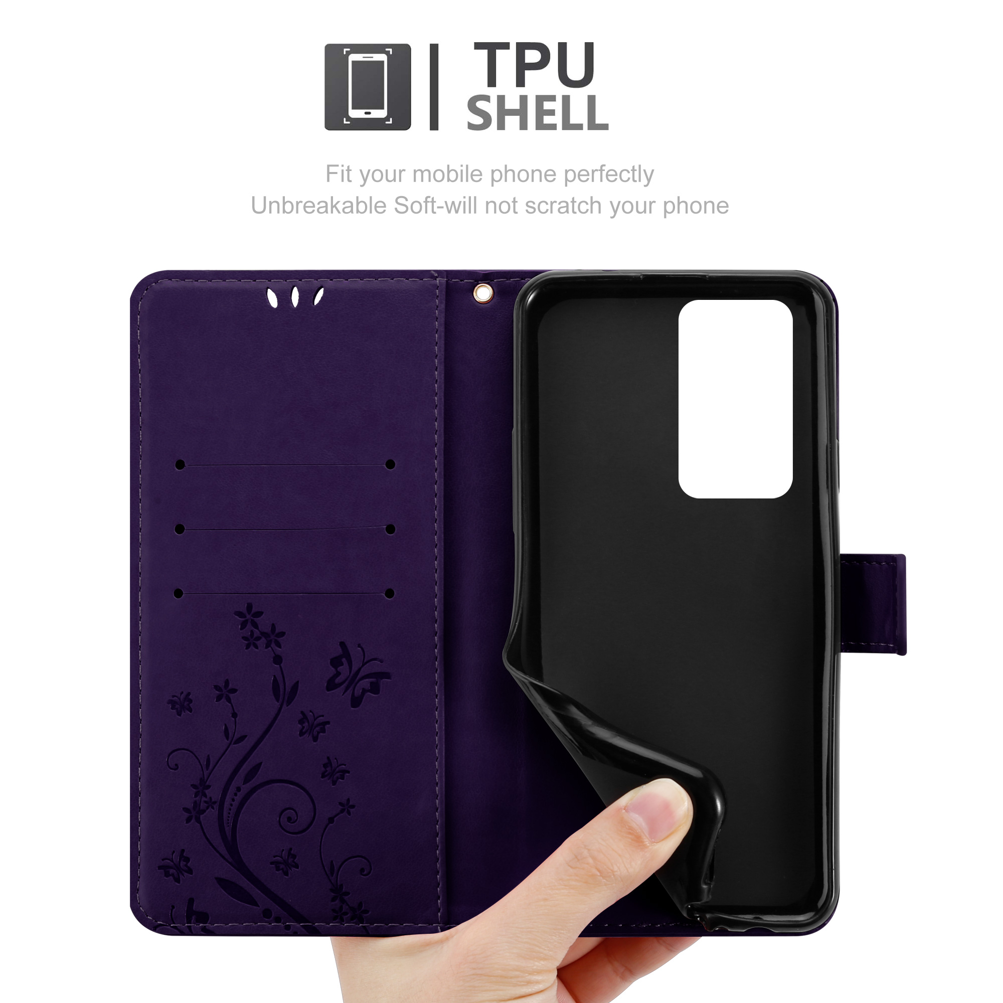 Custodia viola con design floreale, aperta per mostrare un telefono nero. Una mano tiene aperta la custodia.