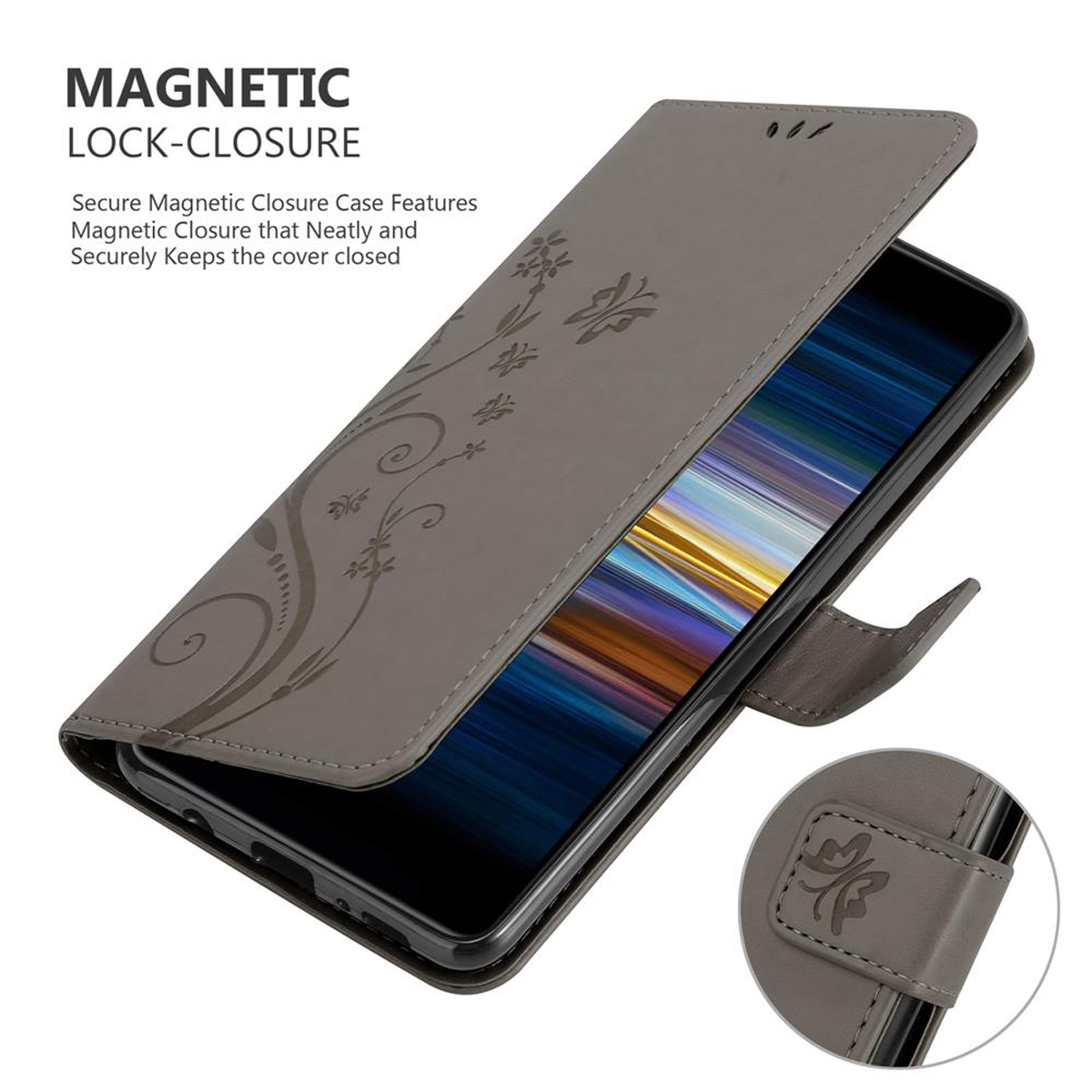 Una custodia per telefono grigia è aperta, rivelando uno schermo. Ha un design floreale e chiusura magnetica.