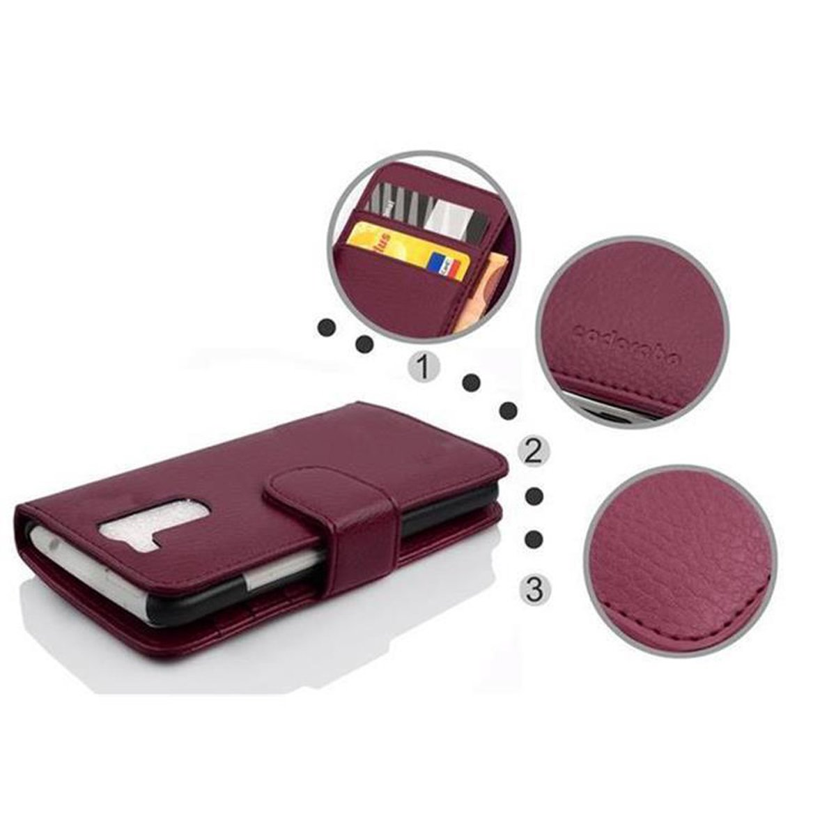 Custodia per telefono rosso scuro, aperta, con telefono e fessure per schede visibili. Dettagli.