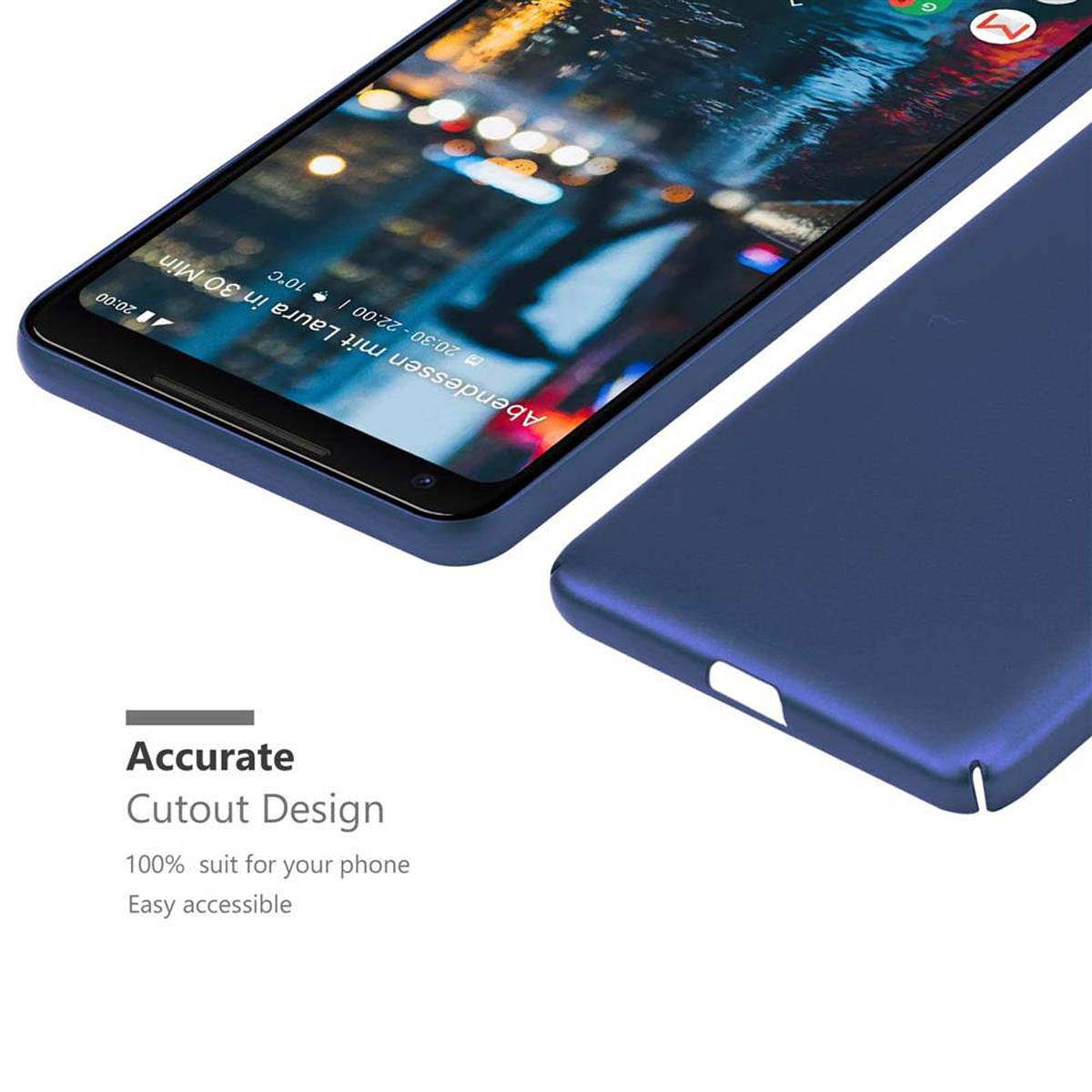 Zwei Telefone in blauen Hüllen, Nahaufnahme. Text: Genaues Ausschnittdesign.