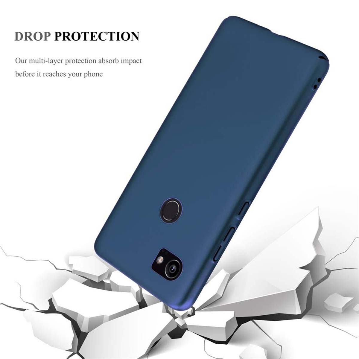 Eine blaue Handyhülle wird gezeigt, das Telefon bricht eine Oberfläche darunter.