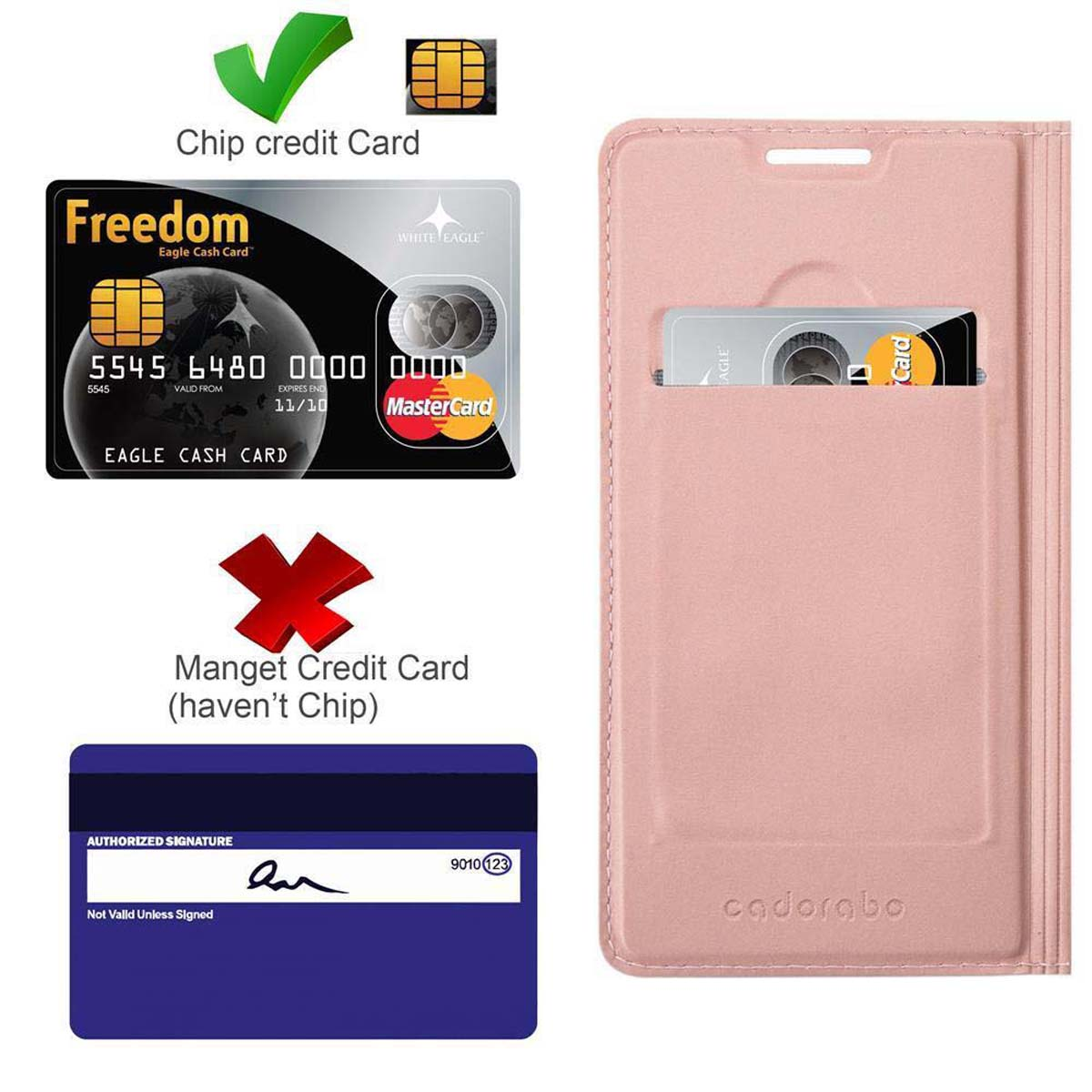 Custodia rosa con grafica di carte di credito e custodia con fessura per carte.