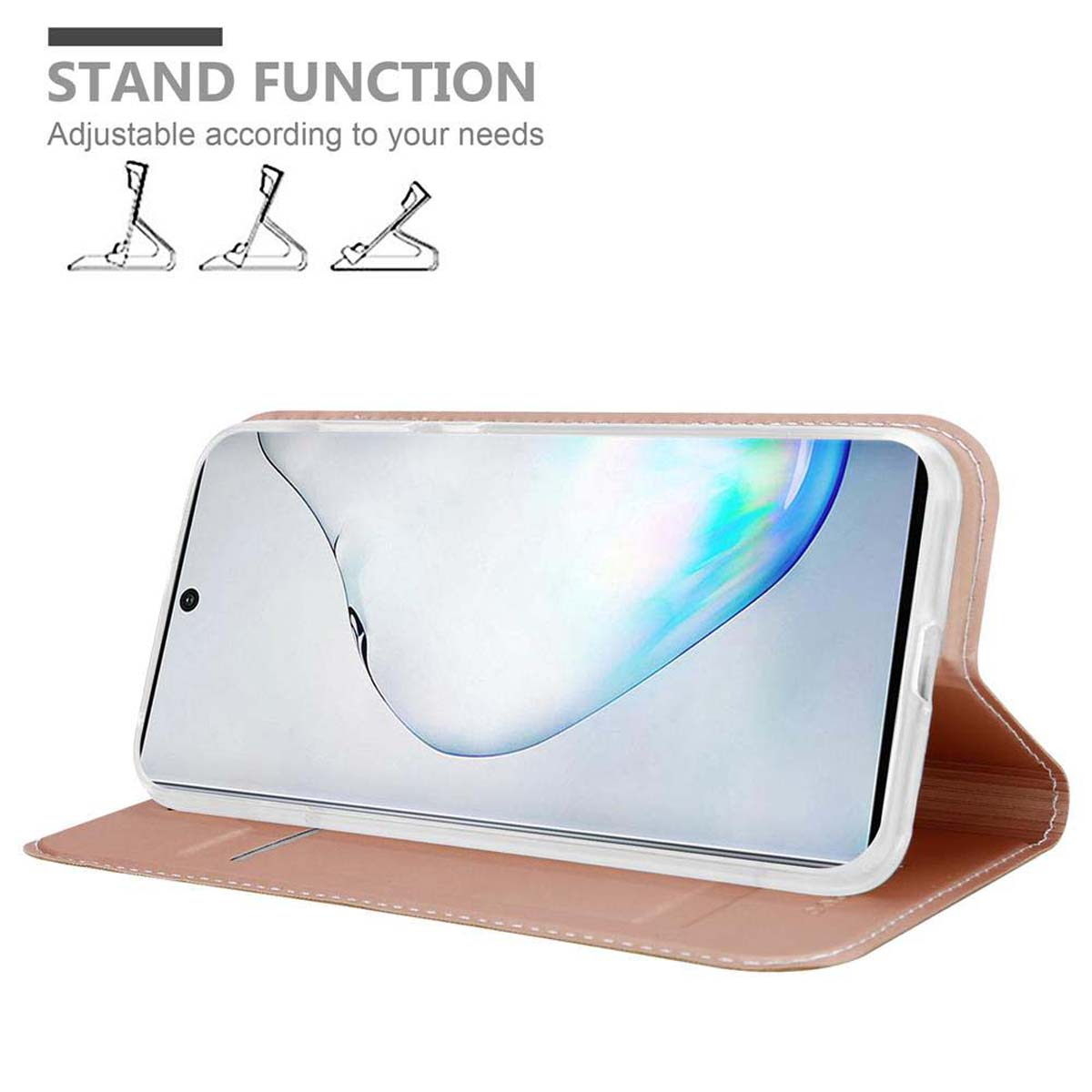 Un telefono in una custodia rosa, che mostra uno schermo con un motivo simile all'acqua.
