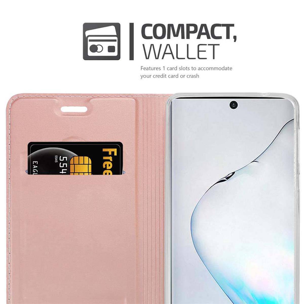 Custodia rosa per telefono con slot per carte e telefono. Testo: Compatto, portafoglio.