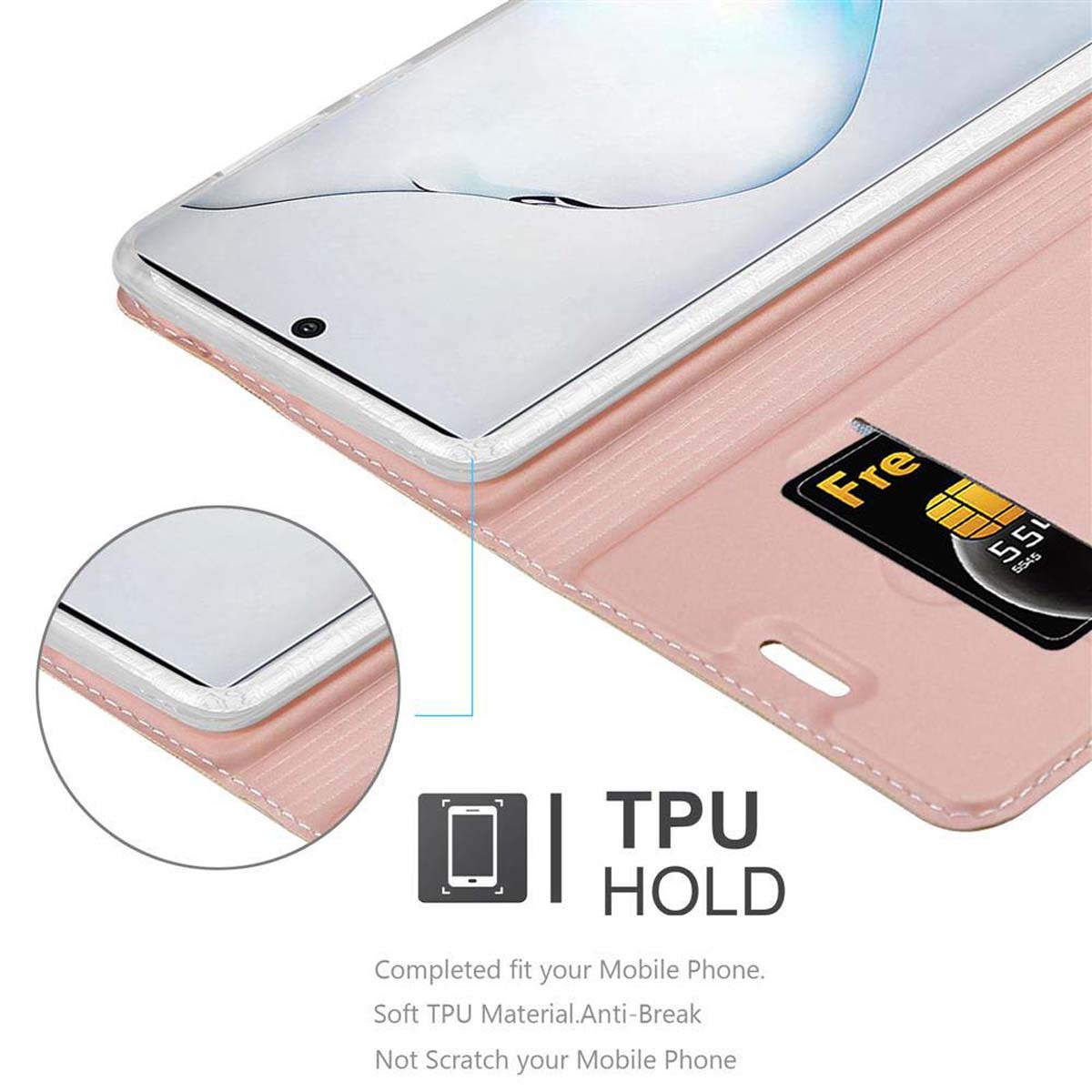 Custodia per telefono rosa con telefono all'interno. Una carta è visibile. Dispone di supporto in TPU.