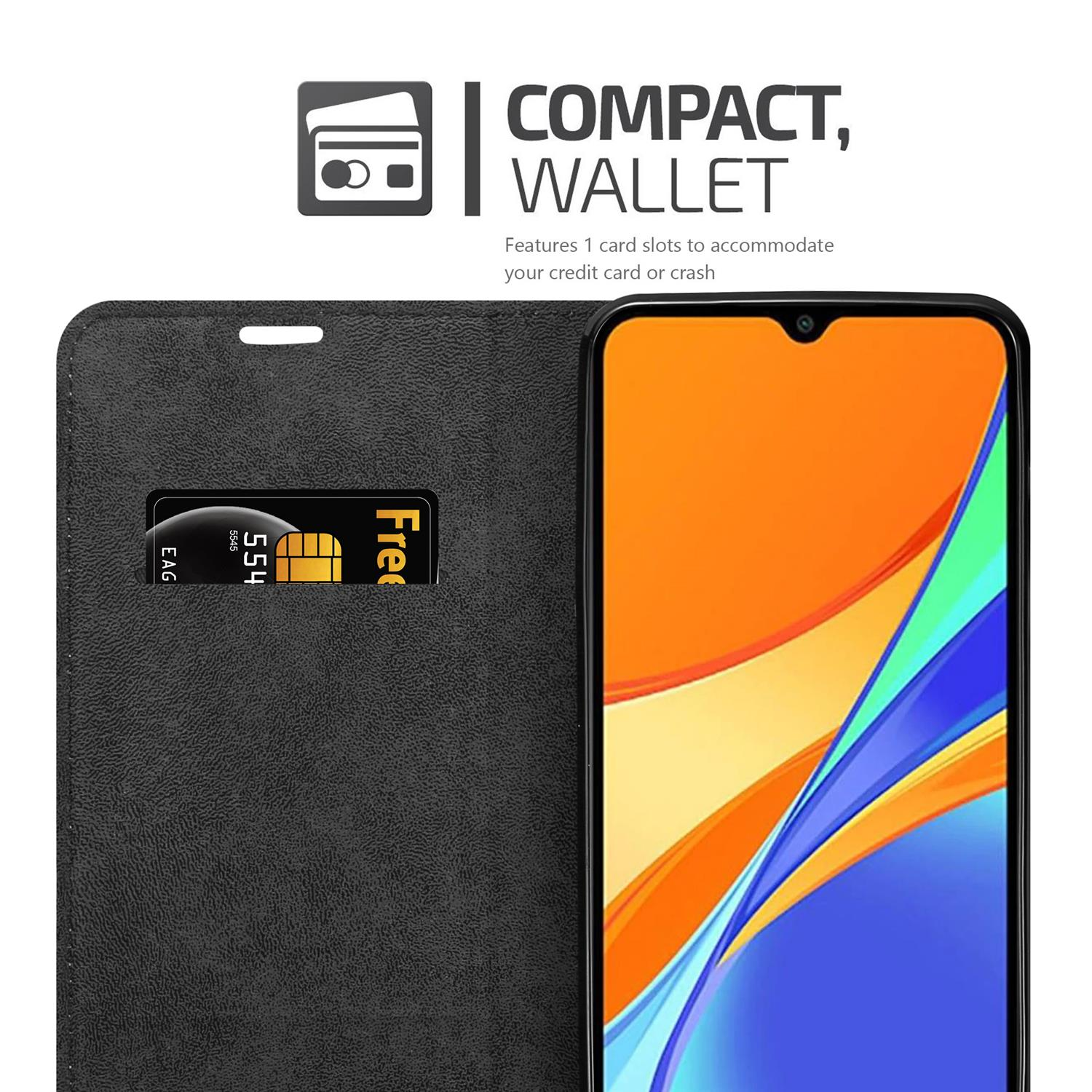 Schwarze Handyhülle mit Kreditkartenfach. Telefon im Etui. Schwarzes Etui mit goldener Karte.