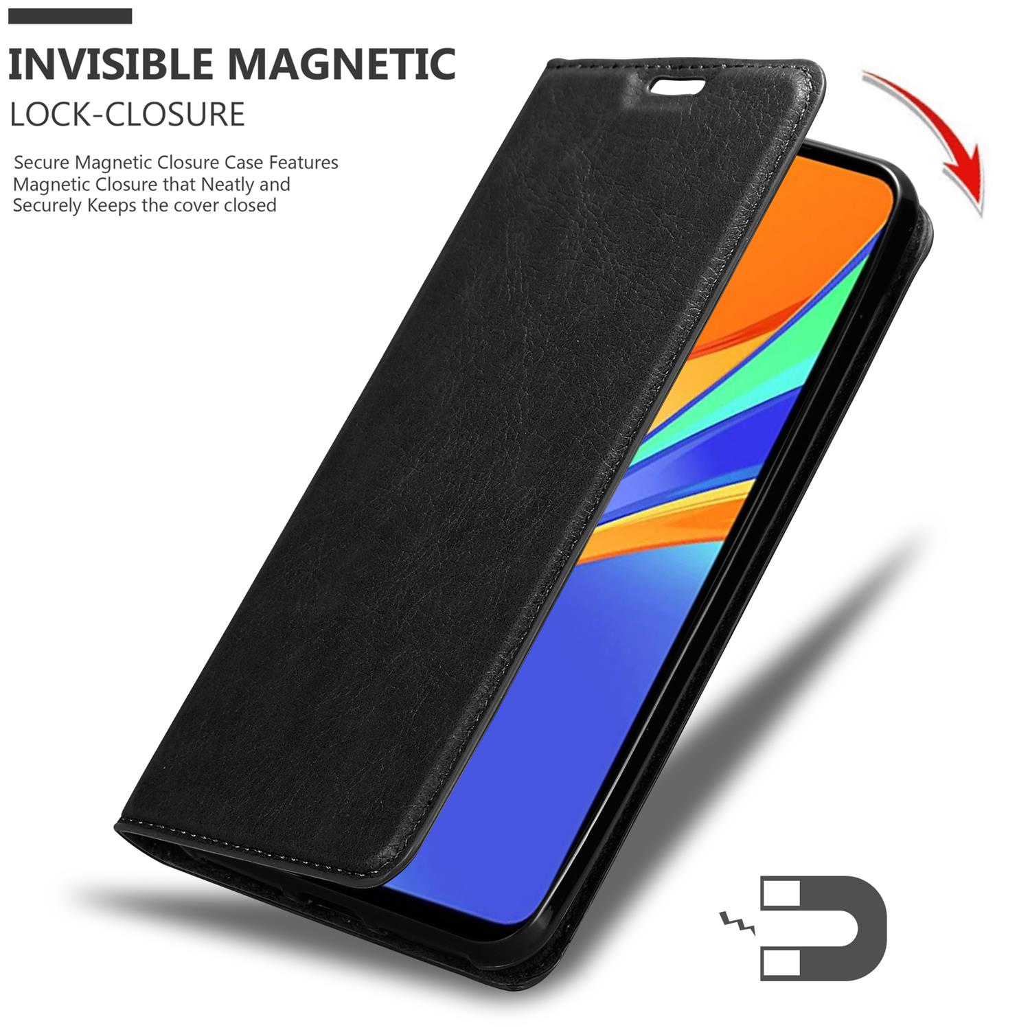 Eine schwarze Handyhülle mit Magnetverschluss. Die Hülle ist geöffnet und zeigt das Telefon im Inneren.