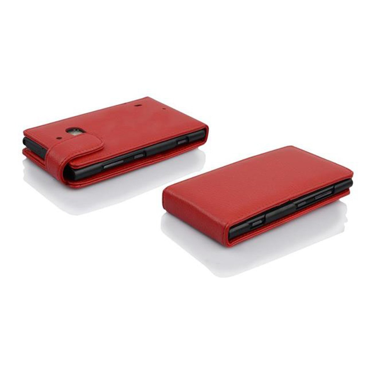 Dos fundas rojas para teléfono. Una está cerrada, la otra abierta con un teléfono dentro. Ambas están sobre una superficie blanca.