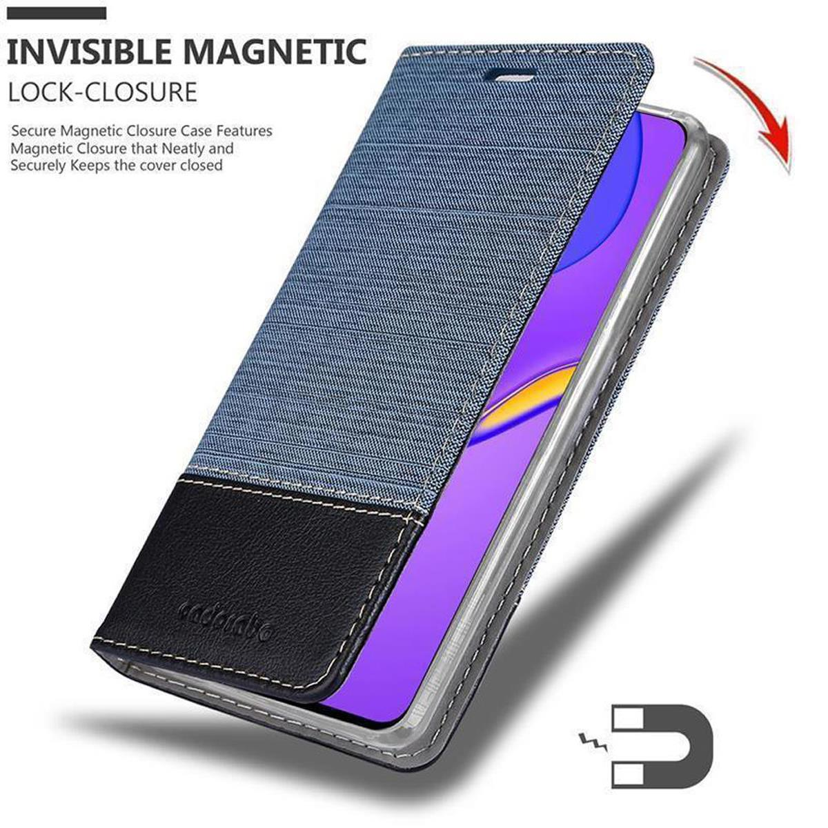 Geöffnete blaue Jeans-Handyhülle mit schwarzem Unterteil, mit Magnetverschluss.
