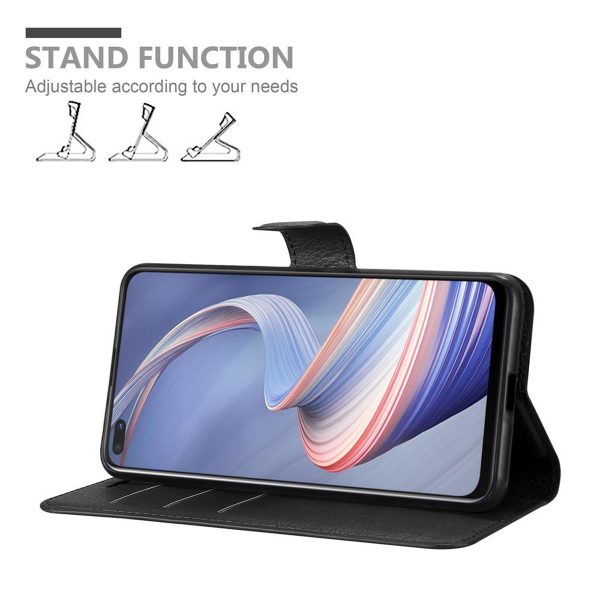 Schwarze Handyhülle mit einem Telefon, das ein farbenfrohes abstraktes Bild anzeigt. Die Hülle befindet sich in Standposition.