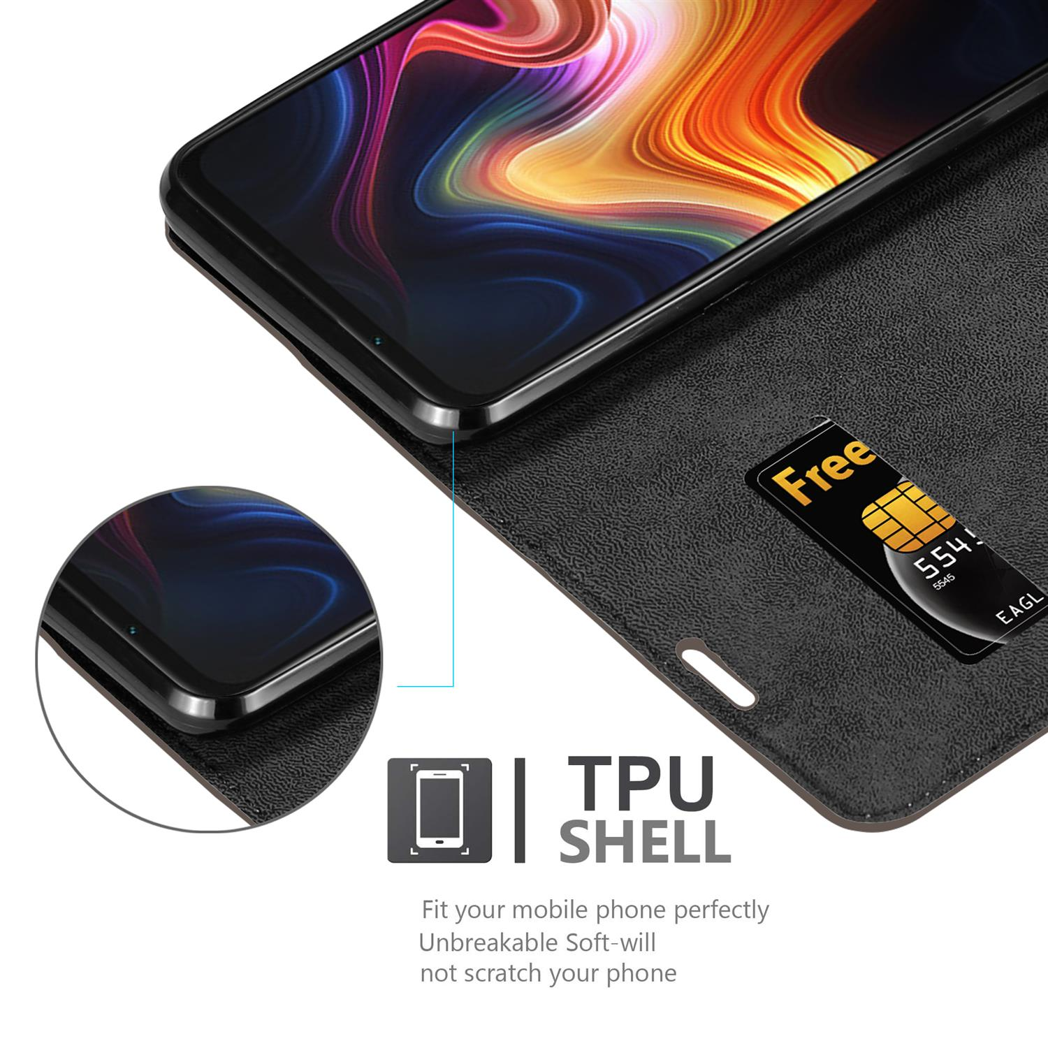 Custodia per telefono nera con telefono nero all'interno. Testo: Guscio in TPU. Mostra una SIM card.