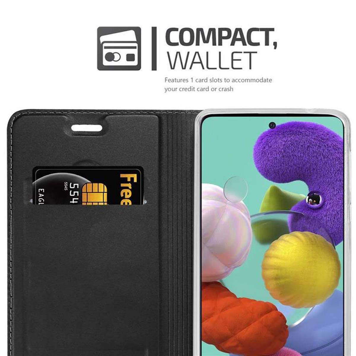 Custodia a portafoglio nera con fessura per carte, il telefono mostra un design astratto colorato.