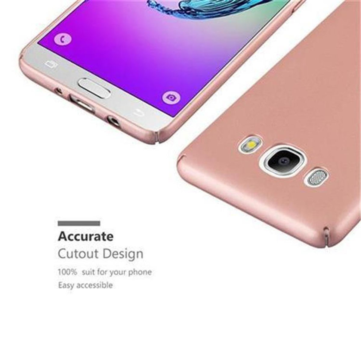 Due telefoni, una custodia rosa e un telefono bianco. Design ritagliato, facilmente accessibile.