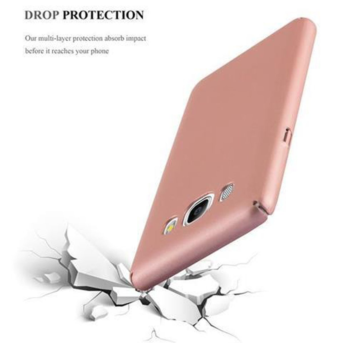 Custodia rosa. Caratteristiche telefono rosa e protezione caduta, con il telefono a terra.