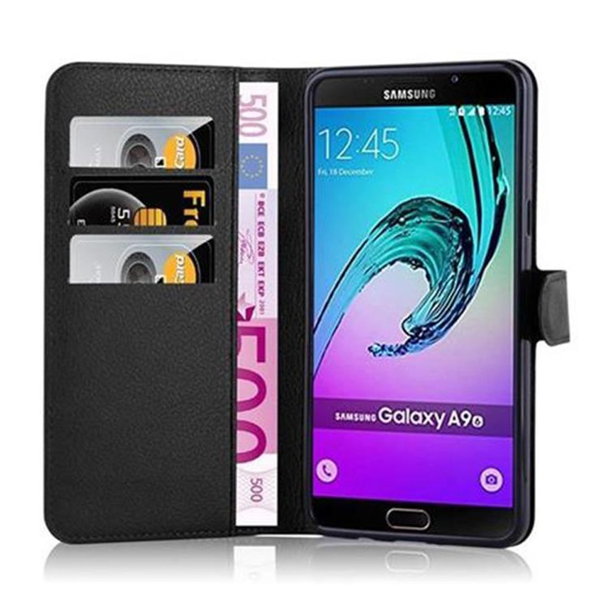 Custodia a portafoglio nera aperta. Telefono, carte di credito e contanti visibili. Design compatto.