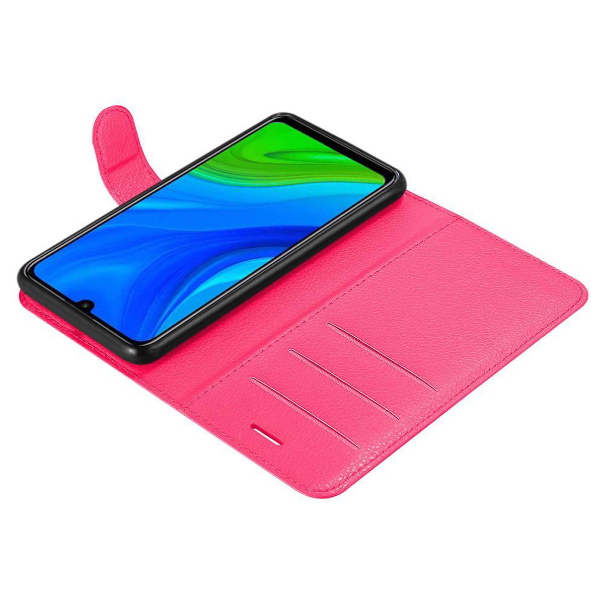 Custodia rosa per telefono con un telefono dentro. Il telefono ha uno schermo blu.