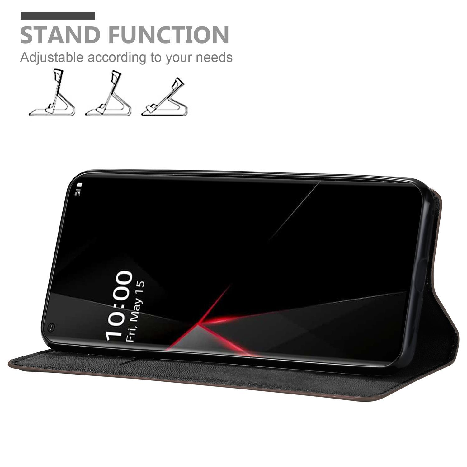 Telefono in una custodia con supporto, che mostra lo schermo del telefono con un design rosso.