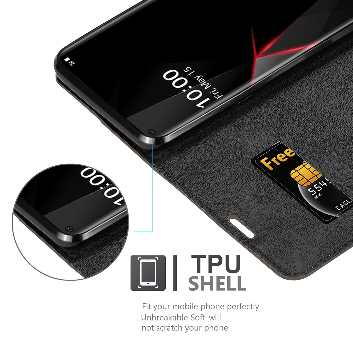 Telefono nero in una custodia nera con scheda SIM dorata. Testo: Guscio in TPU.