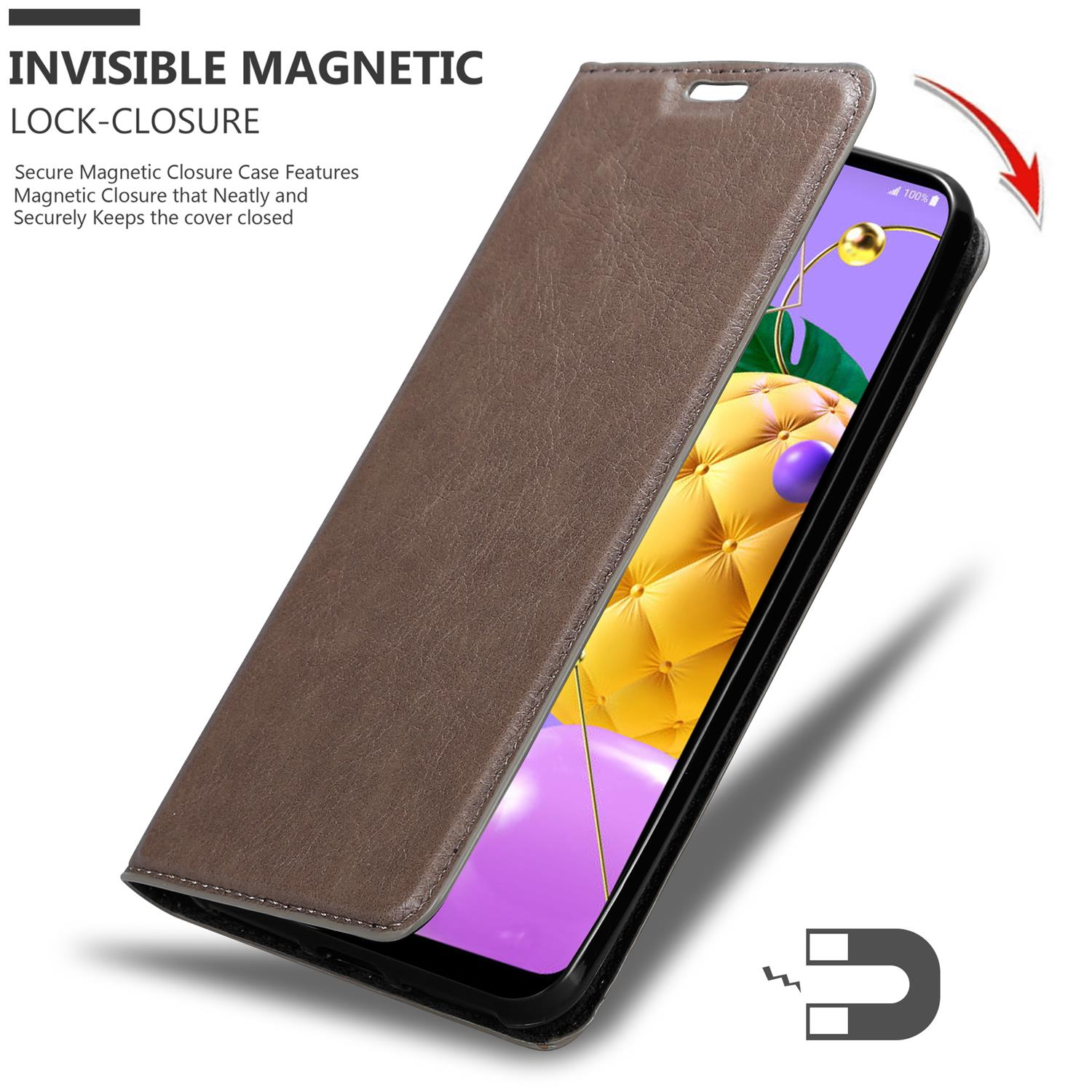 Custodia marrone per telefono aperta, che rivela schermo con oggetto giallo.