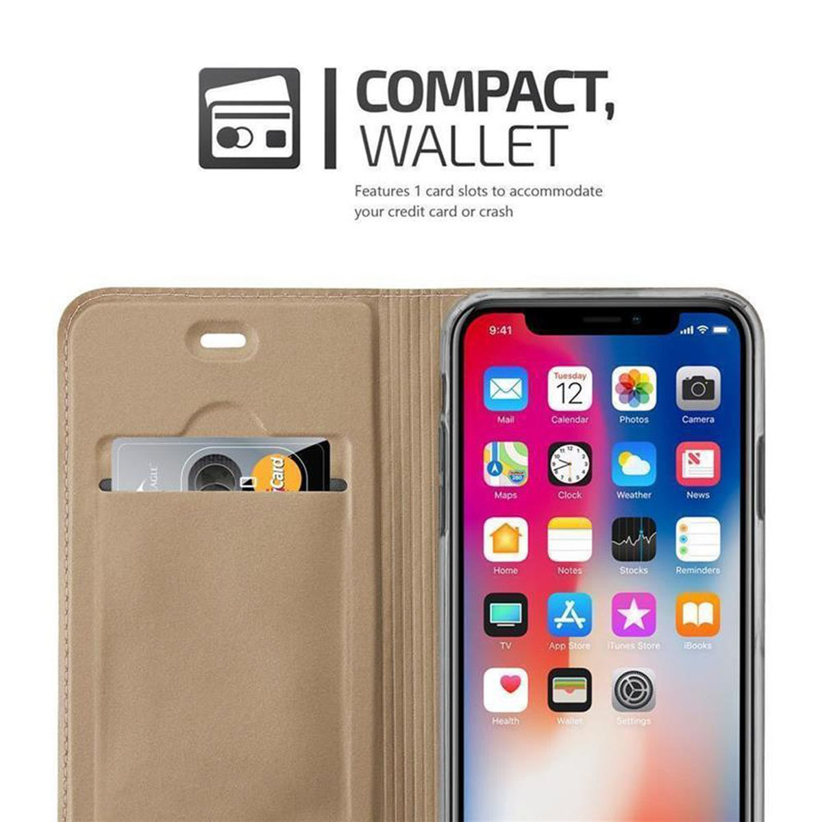 Telefono in custodia che mostra le app, con fessura per carte. Testo: Compatto, Portafoglio. 1 fessura.
