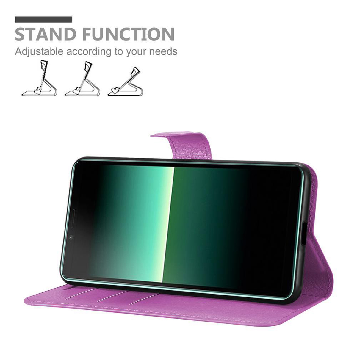 Custodia viola, aperta, con telefono. Funzione stand per diverse angolazioni.