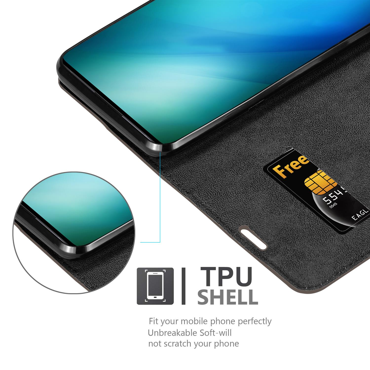 Custodia nera per telefono con telefono all'interno e slot per schede. Testo: Guscio in TPU.